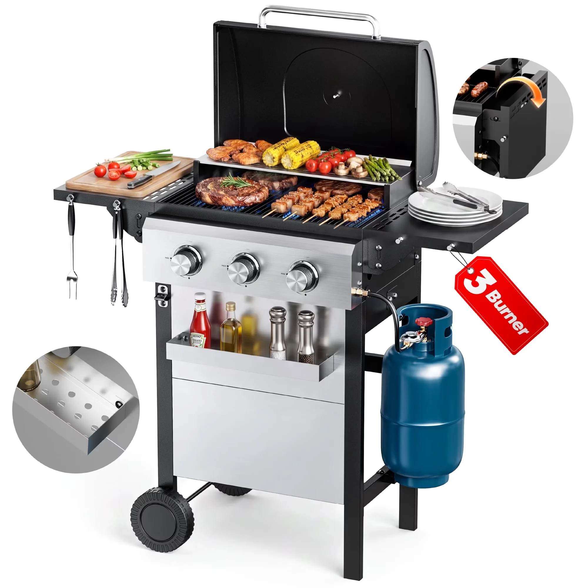 Gas Grill Sleek with 28650 BTU, Heat Thermometer, 3 Burner BBQ Propane - Stainless Steel Model EBA90F