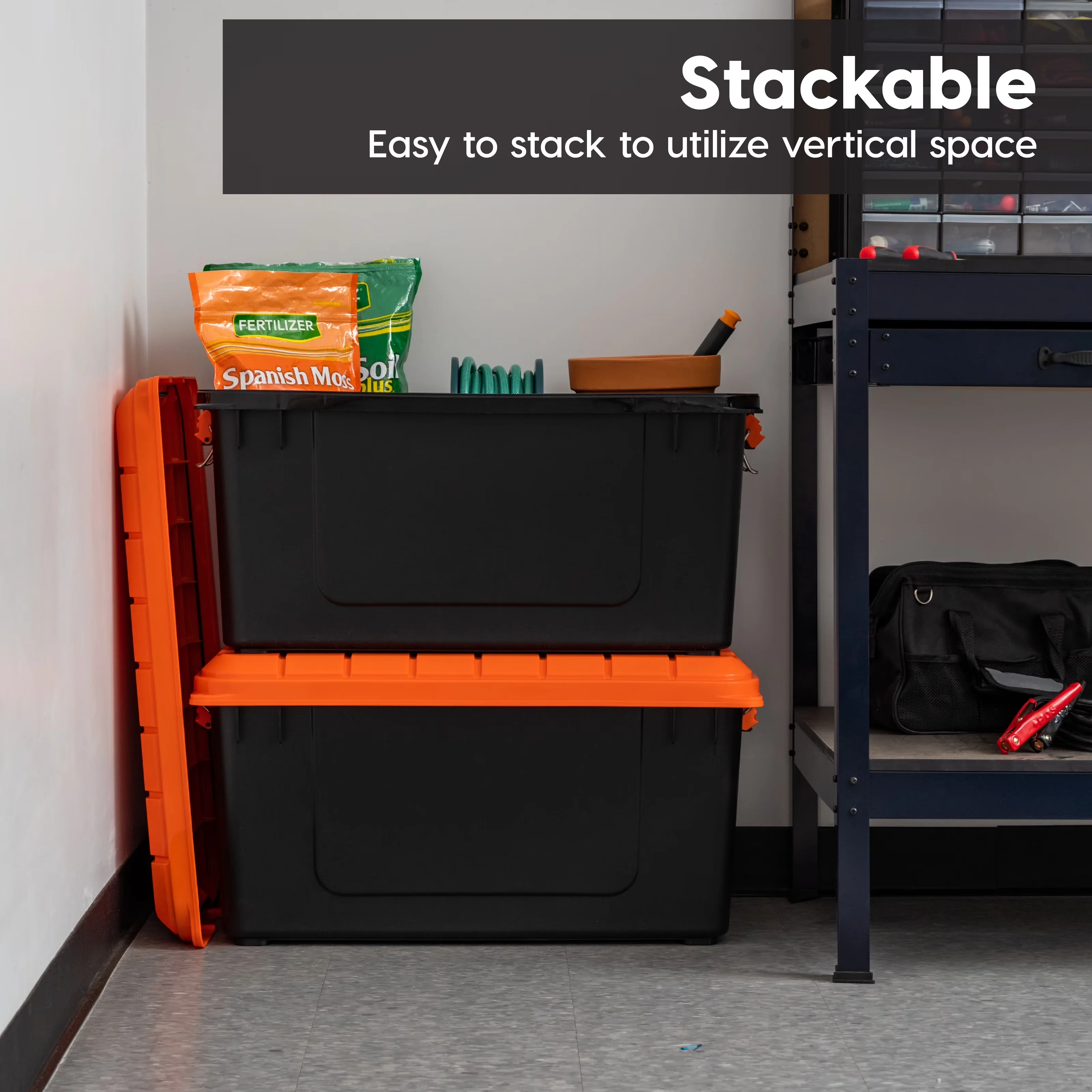 Stylish Garage Storage Supply with Stackable, Lid Tote, Plastic Container - Plastic Orange Model 49362A
