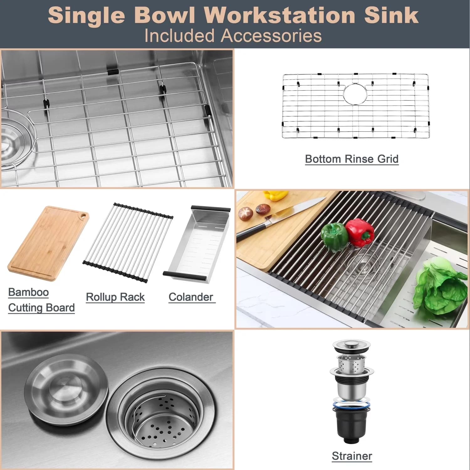 Versatile Kitchen Renovation with Workstation, BAMBOO CUTTING BOARD x1 - Stainless Steel Silver Model 48ECA4