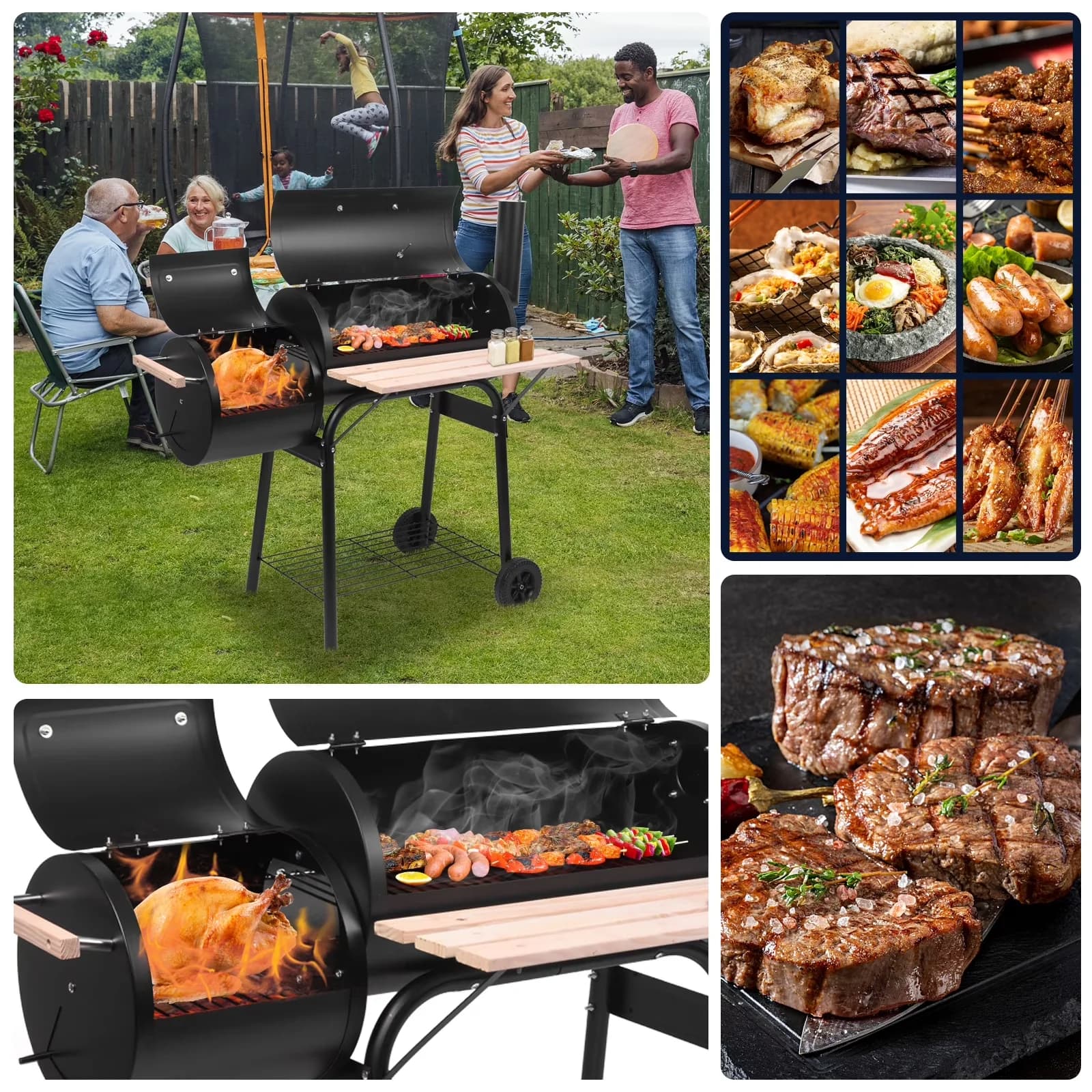 Durable Smoker with Thermometer, Charcoal Basket, BBQ Charcoal Grill Outdoor Barbecue Pit - Steel Model A341C2