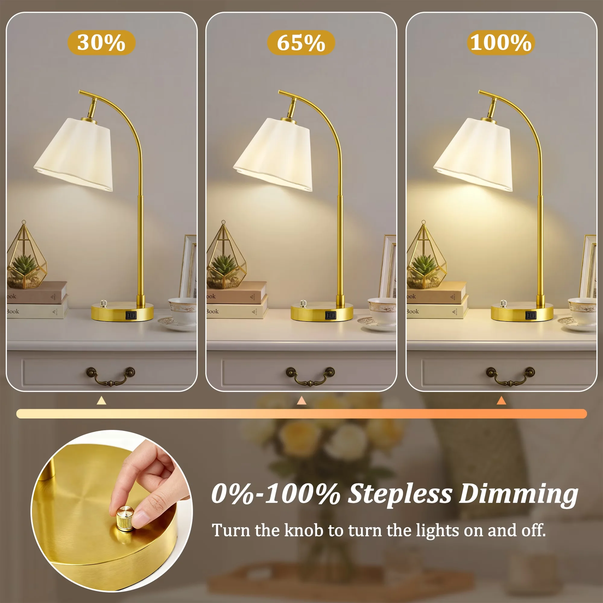 Essential Lamp Set with LED, Adjustable Head, Dimmable - Metal, Fabric White, Gold for Bedroom Model D46DEF