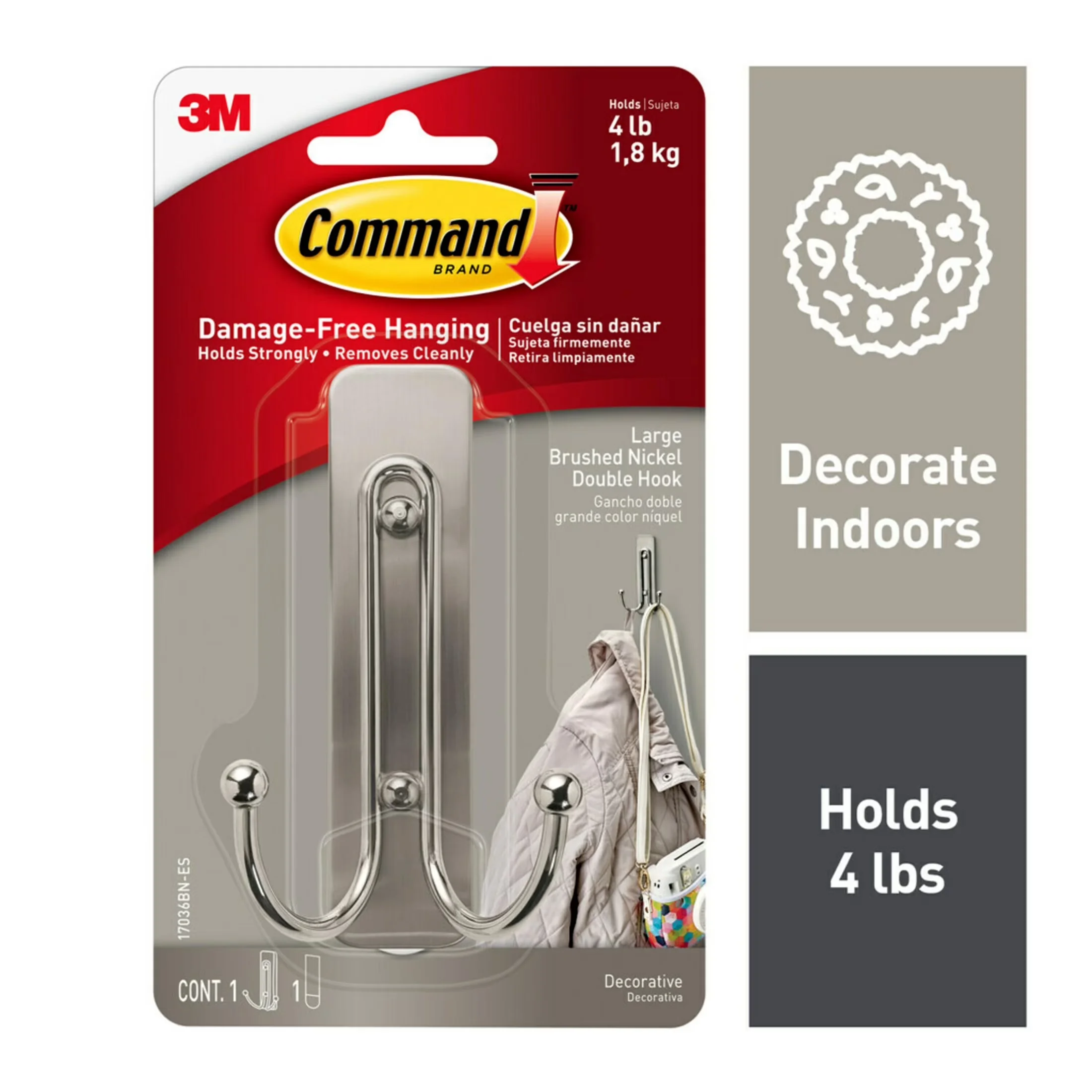 Damage-Free Hanging Compact with Wall-Mountable, Easy Installation, Brushed Nickel - Metal Silver Model 58DAAB