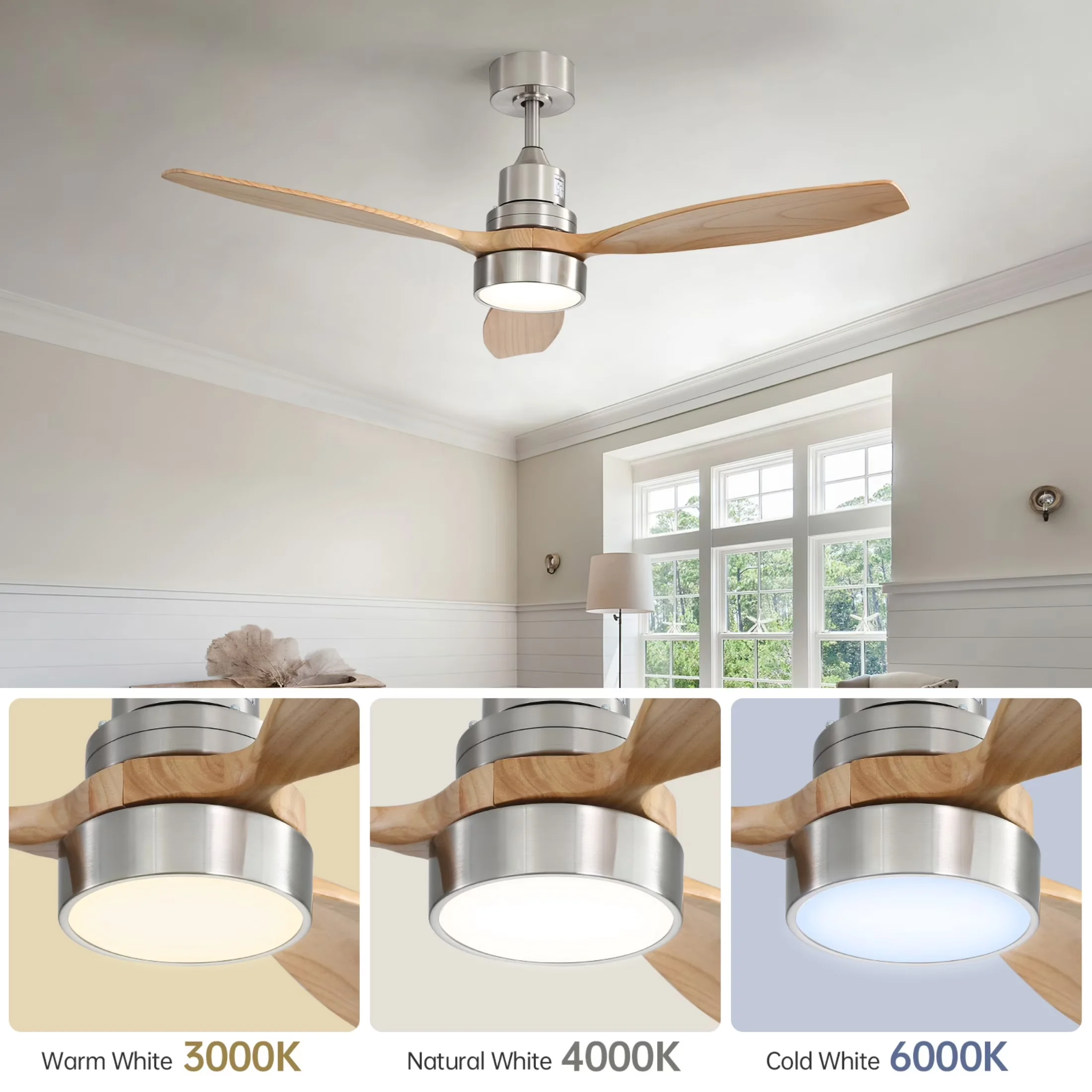 Ceiling Fan Sleek with LED, Reverse Airflow, Modern - White Wood 52 Inch Model 2DB073