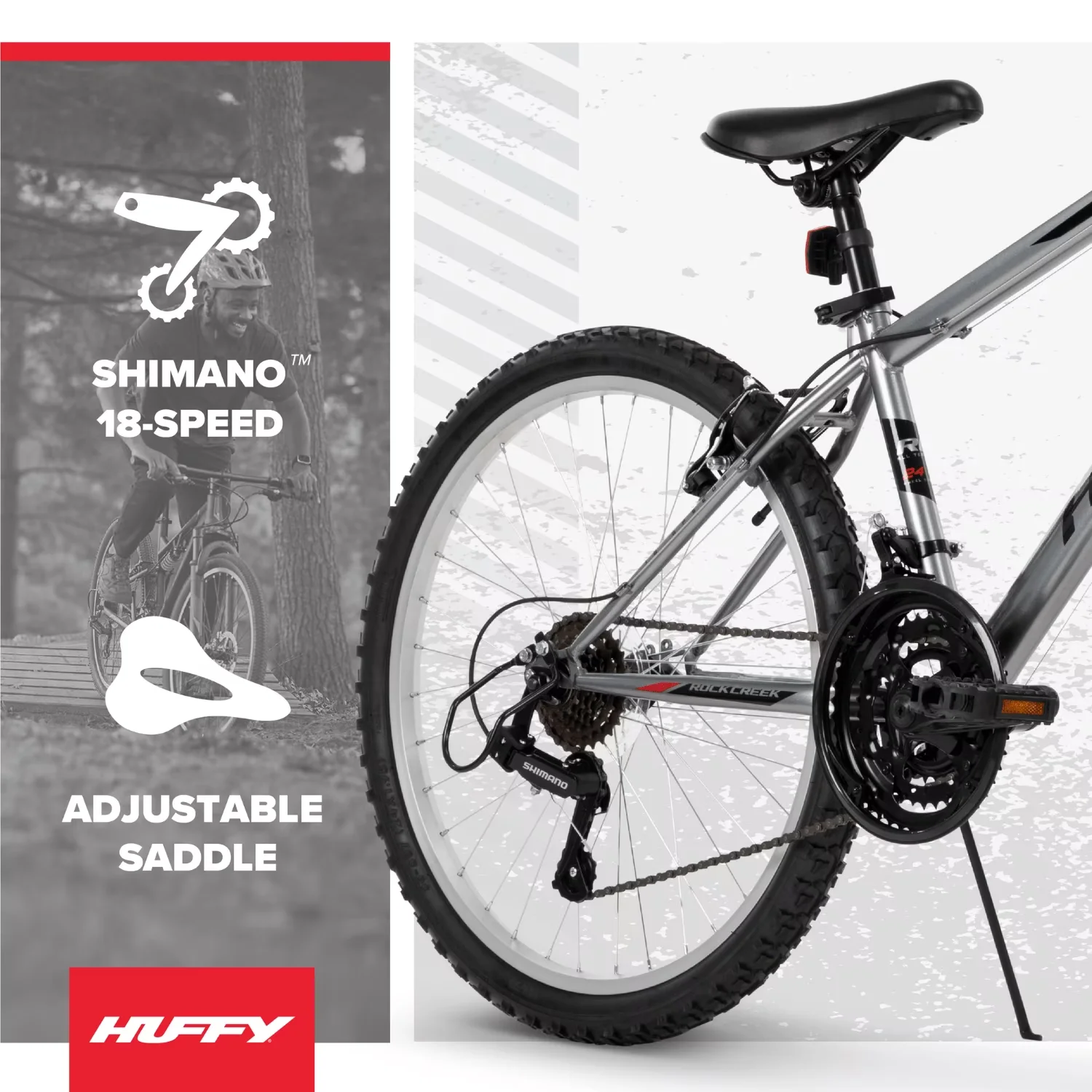 Sleek Mountain Bike with Adjustable Seat, 24” Rock Creek, Fits Riders 58” - Silver Model E612EE