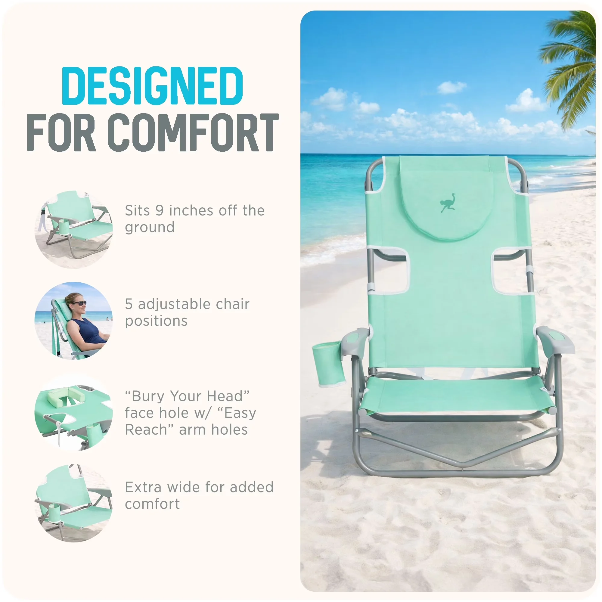 Efficient Beach Chair with Adjustable, Face Hole, Teal - Blue Heavy - Reliable Performance Model ABCB2B
