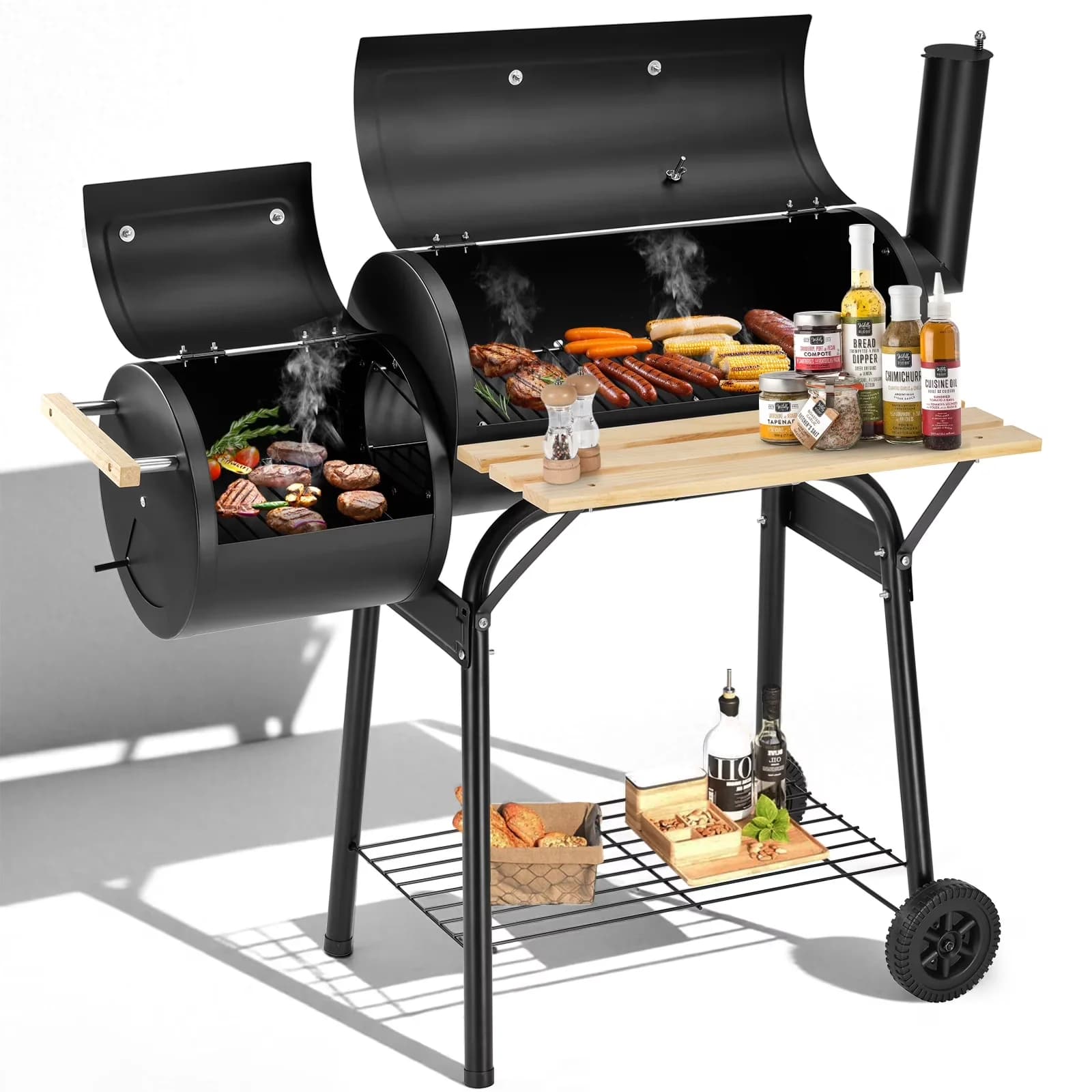 Classic Charcoal Grill with Thermometer, Offset Smoker Barbecue Oven, Wheels & Thermometer - Steel Model EA060D