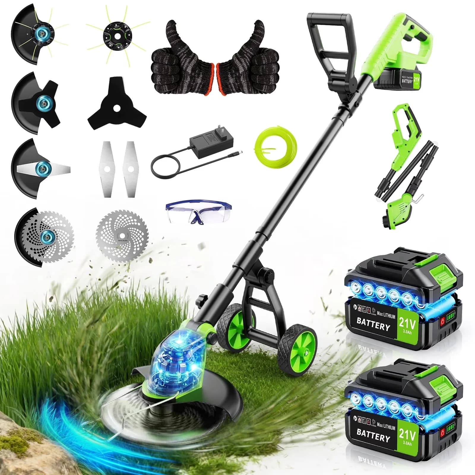 Compact String Trimmer with Battery, Brushless, Electric Weed Eater Battery Powered - Green Model 5D67A8