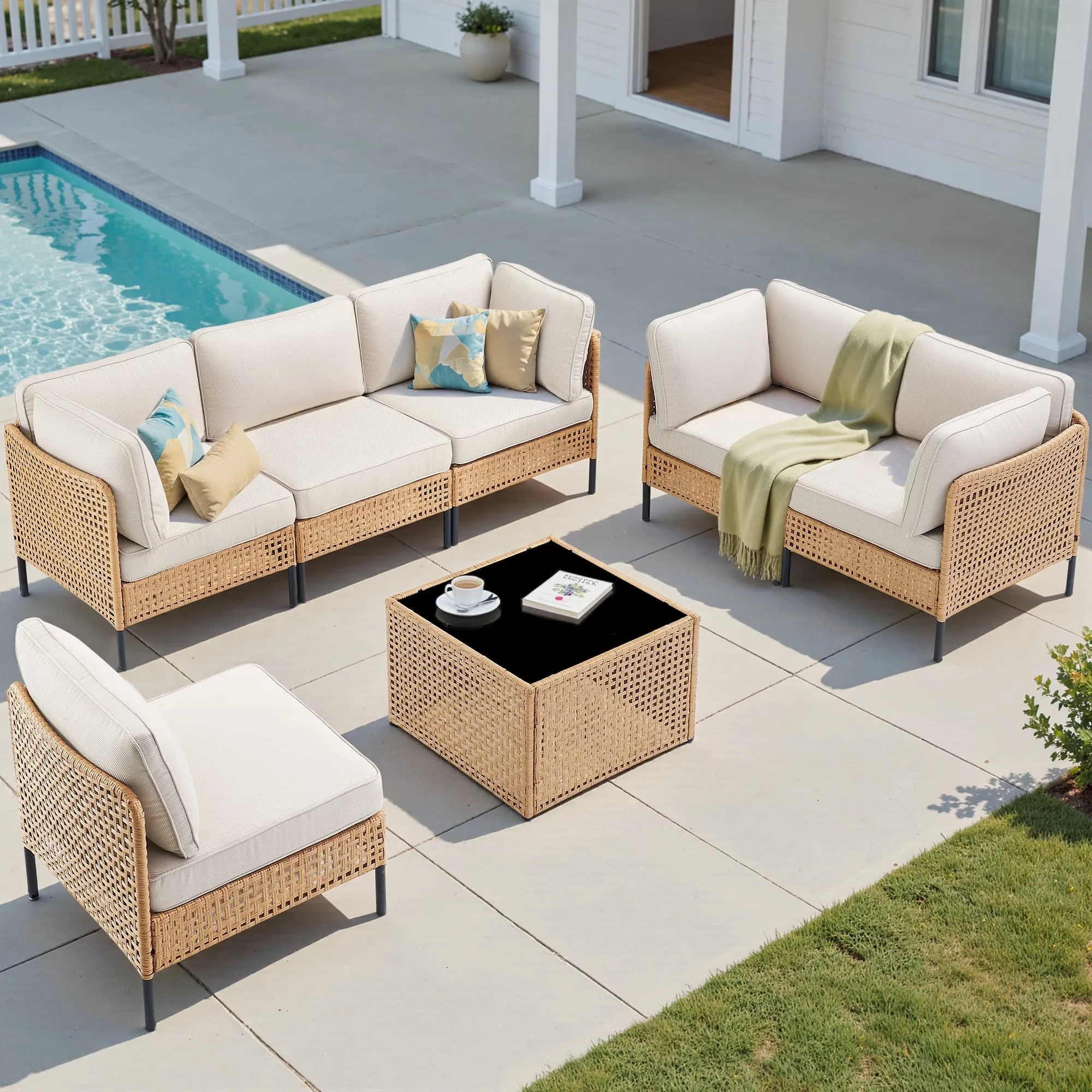 Essential Patio Conversation Set with Weatherproof, All Weather Wicker Outdoor Sets, Coffee Table and Beige Cushions - Pe Rattan,... Model 2C9B62