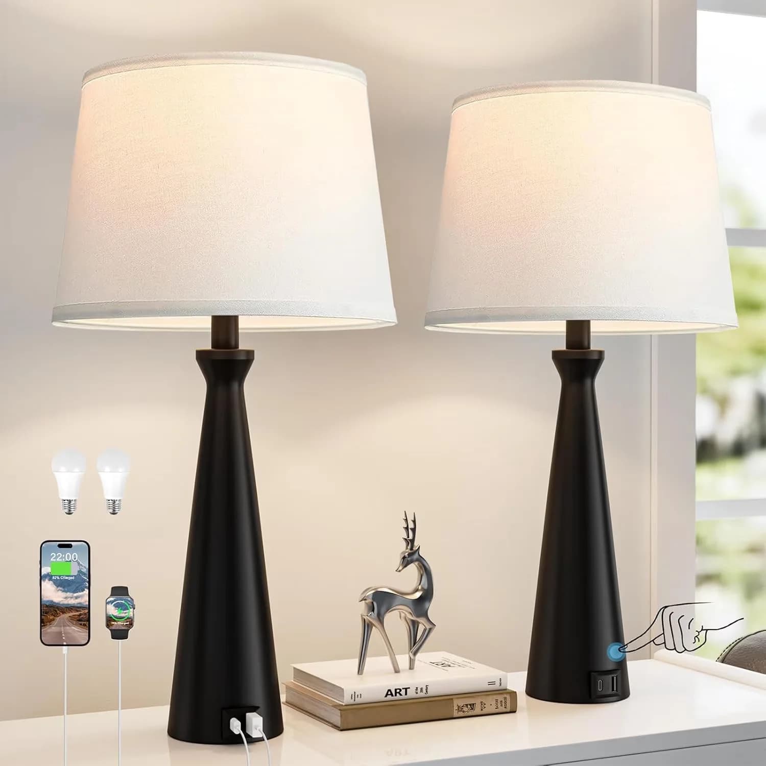 Efficient Lamp Set with High Output, Touch Bedside - Beige for Living Room, Bedroom Model 5188B7