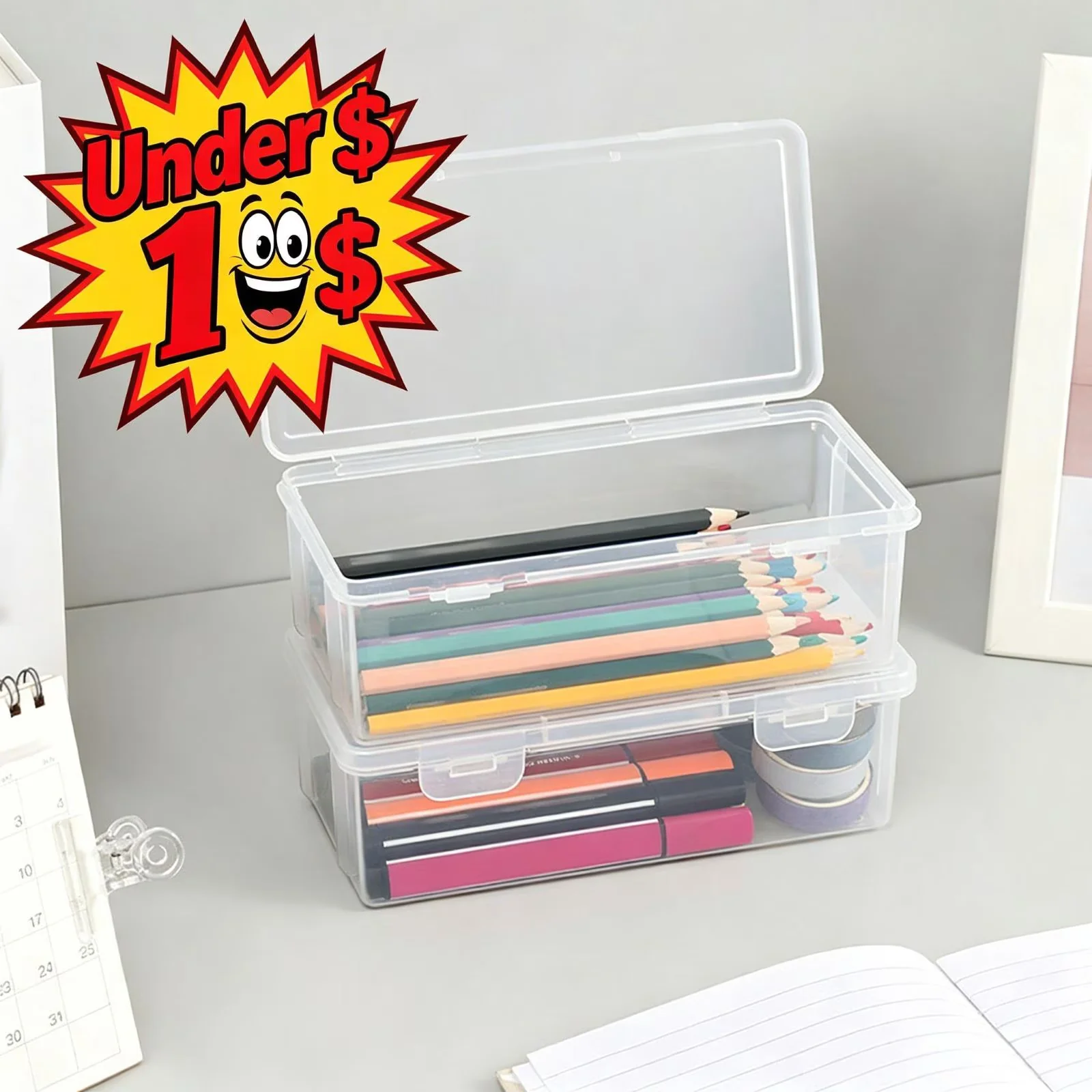 Moving Stylish with Lid, Stackable Storage Container, Portable Organizer - Plastic 1(Pencil Box) for Office, Home Model DC8BEB