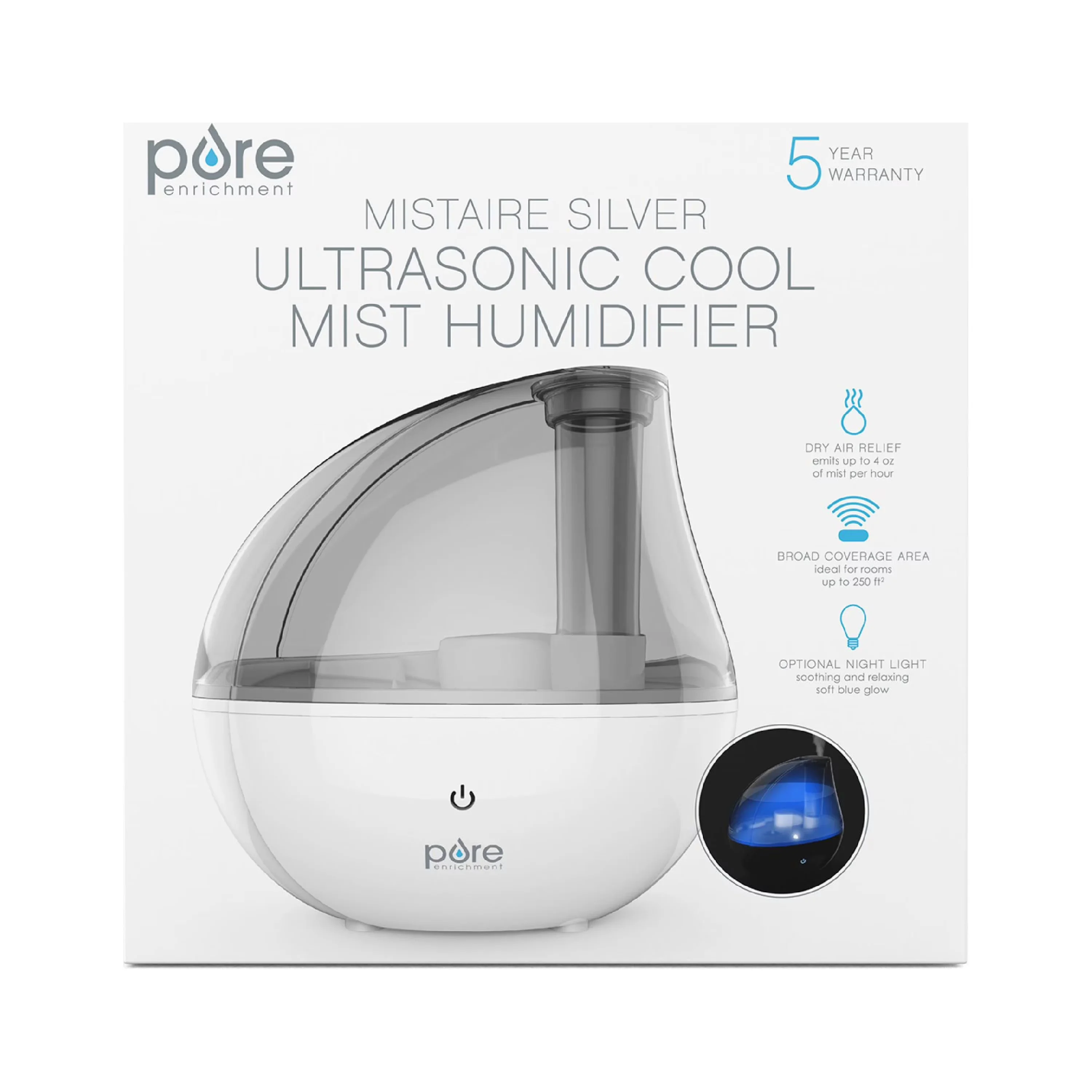 Stylish Humidifier with Water Level Indicator, Silver - Gray MistAire - Durable Build Model 3F0840
