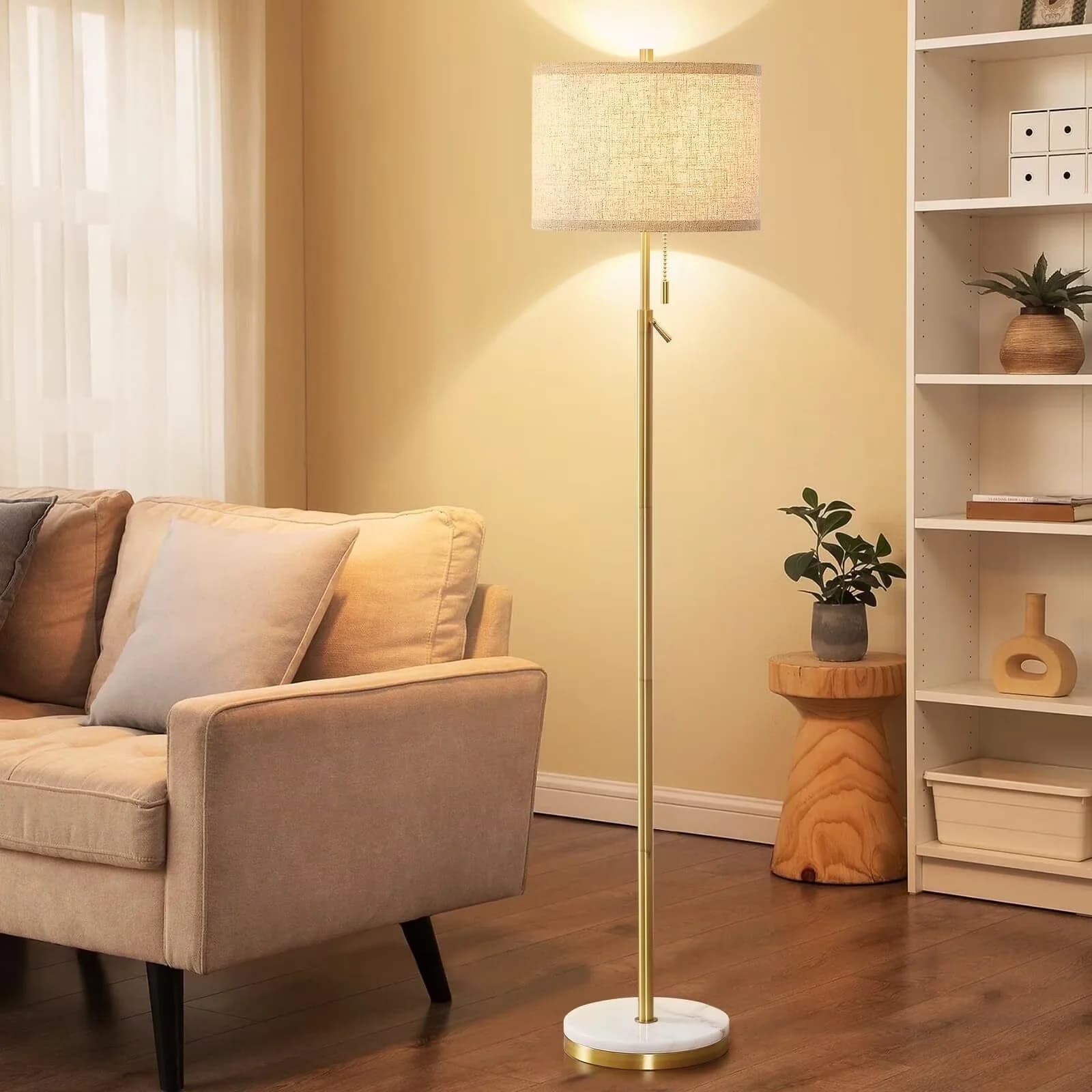 Compact Floor Lamp with LED, Adjustable Height, Modern - Gold Metal, Stone Model 09C64F