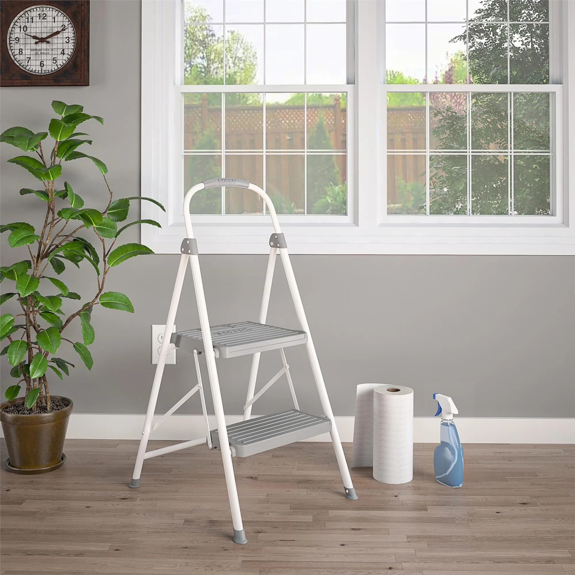 Modern Ladders And Step Stool with Foldable, Max Reach 8ft 1in, Large Resin Steps - Metal, Plastic, Resin White Model 900AAC