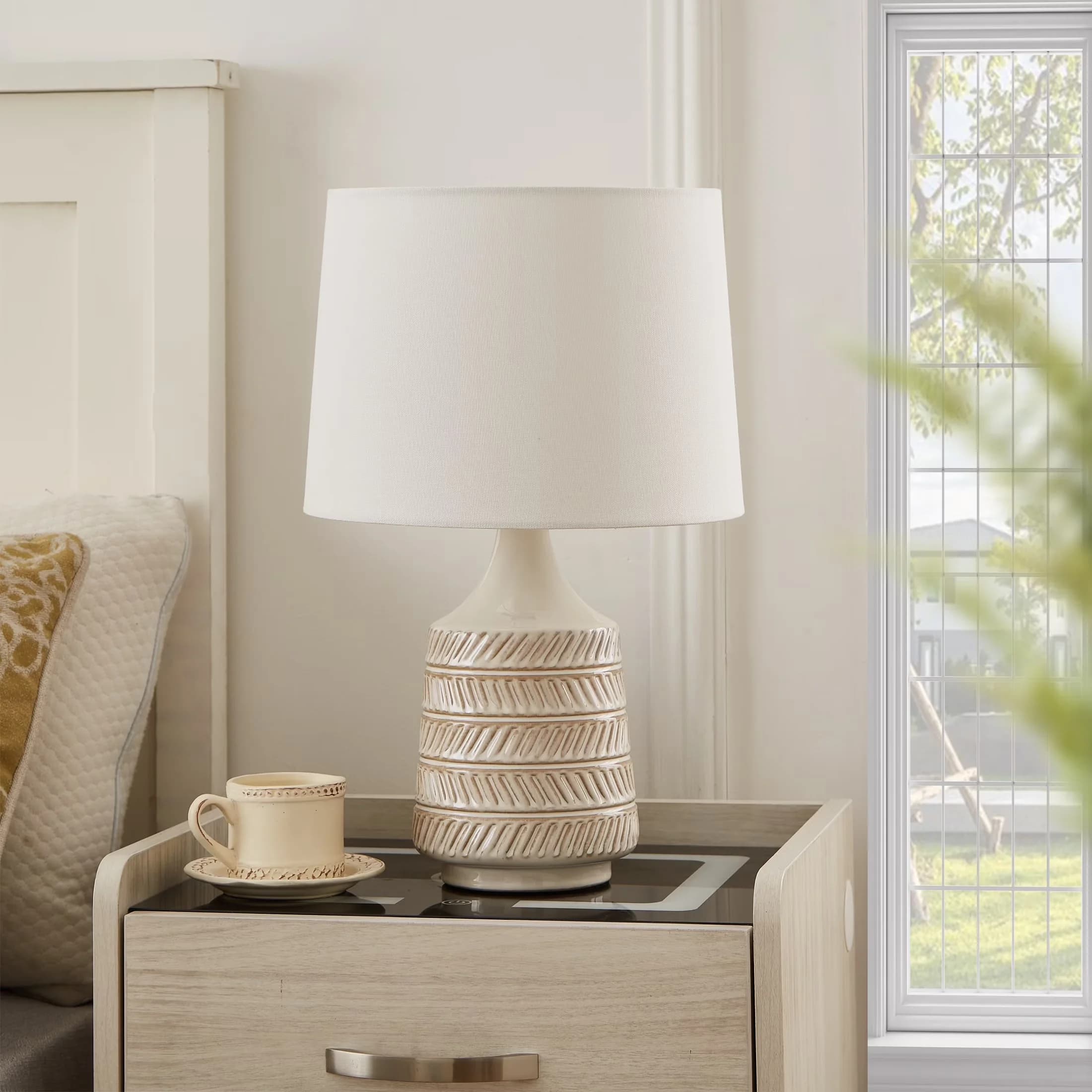 Modern Table Lamp with LED, Accent Lamps, 17"H Reactive Glaze Ceramic - Beige Ceramic Model 42F5F3