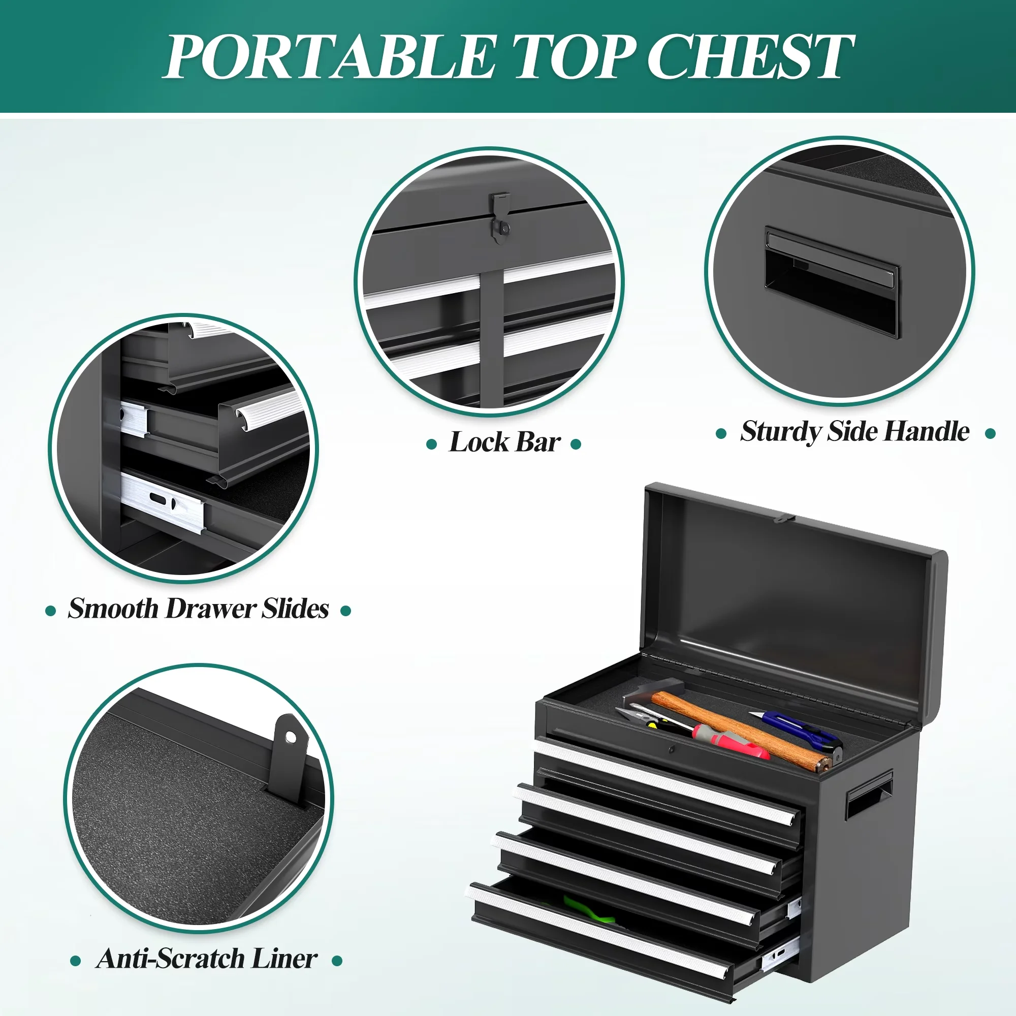 Professional Toolstorage with Heavy-Duty, Lockable, 2-in-1 Detachable Rolling Tool Chest - Black Iron Model E4723C