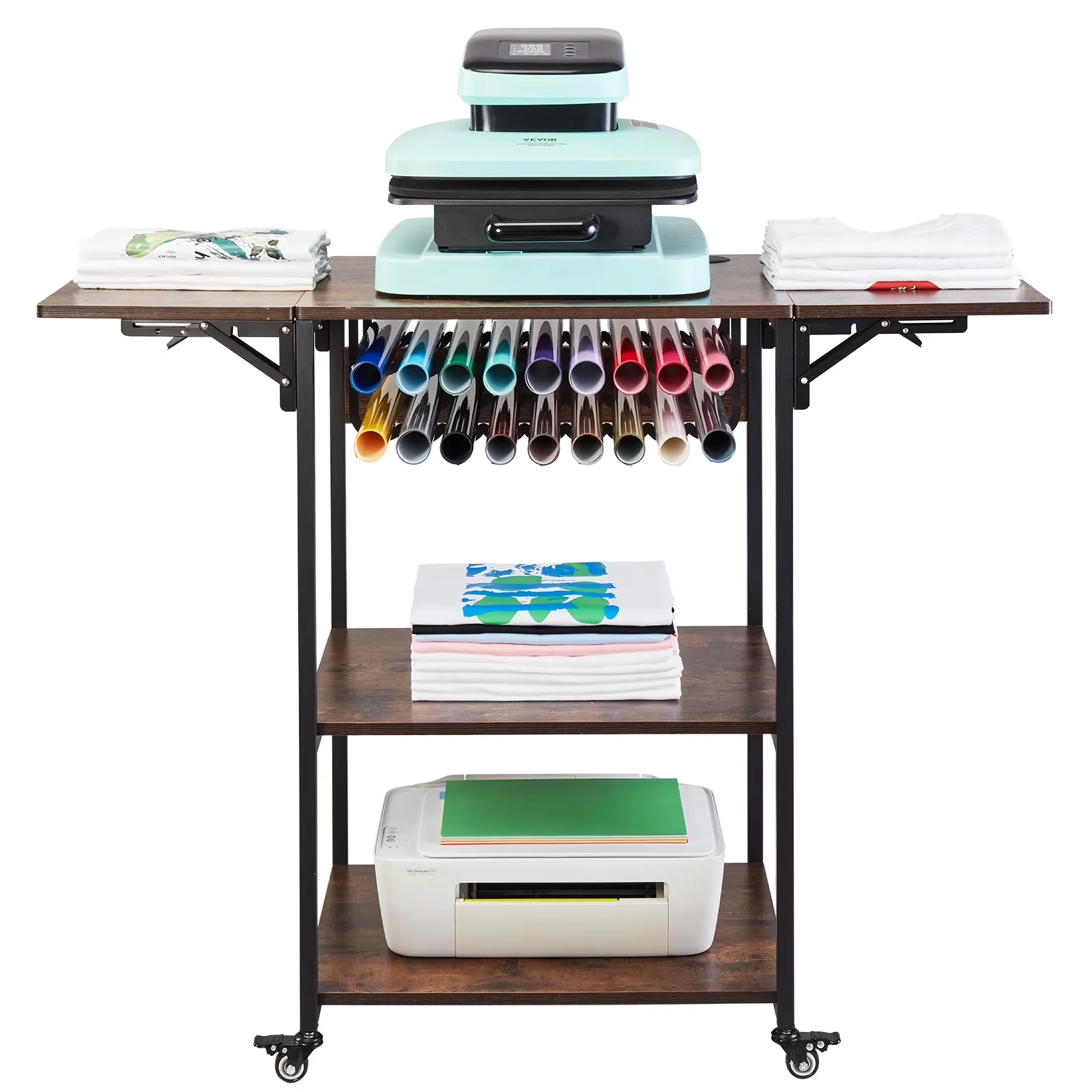 Toolstorage Modern with Foldable Heat Transfer Machine Stand, 3 Tier Movable Heat Press Stand, Rolling Metal Workbench - Brown Metal Model 6760E4