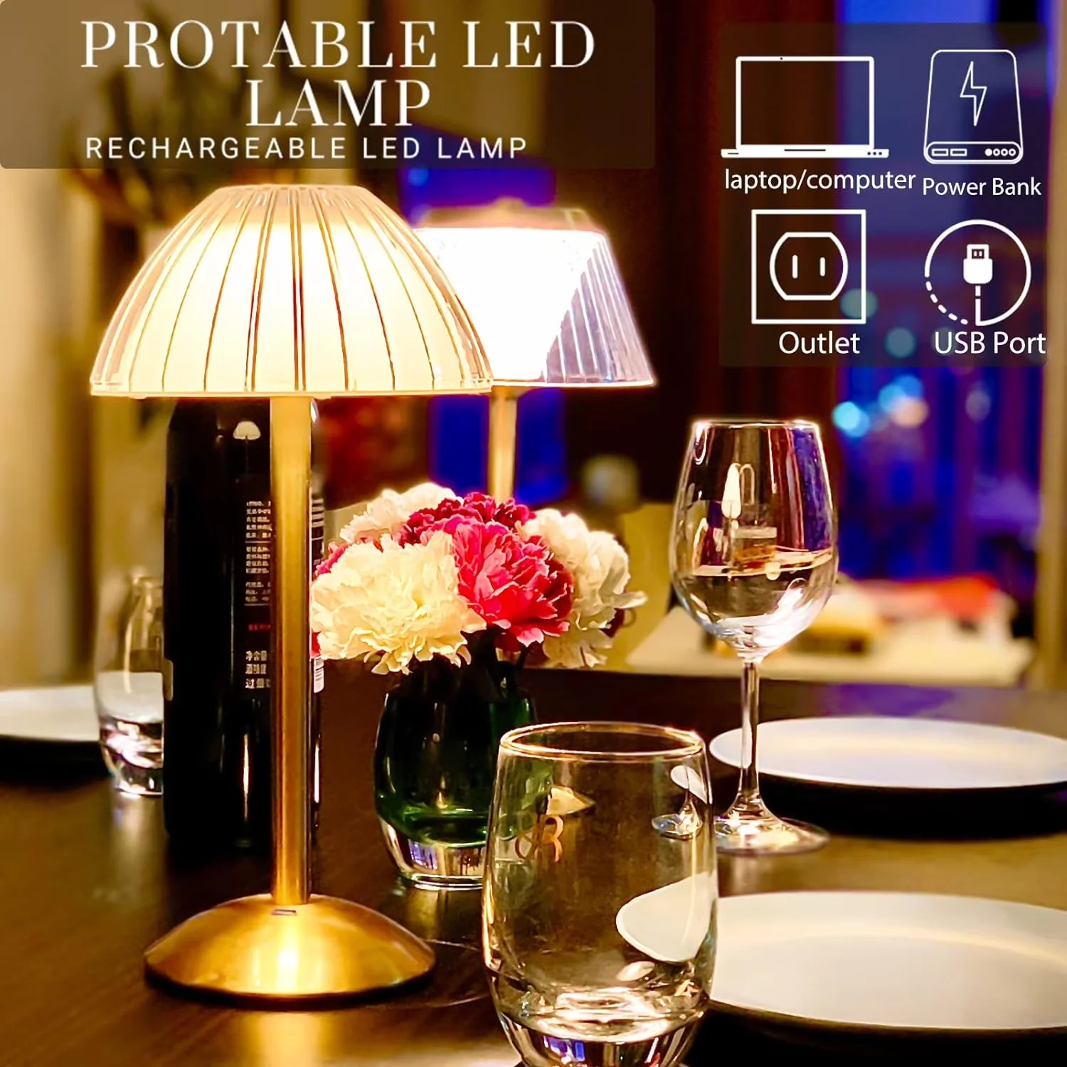 Lamp Quality with LED, Battery, Usb Port - Metal, Acrylic Gold for Bedroom, Office Model CA277A