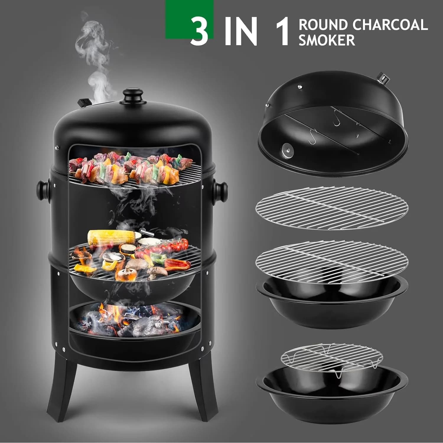 Quality Smoker with Thermometer, Charcoal Multi-Layer Vertical - Charcoal Model 7EB628