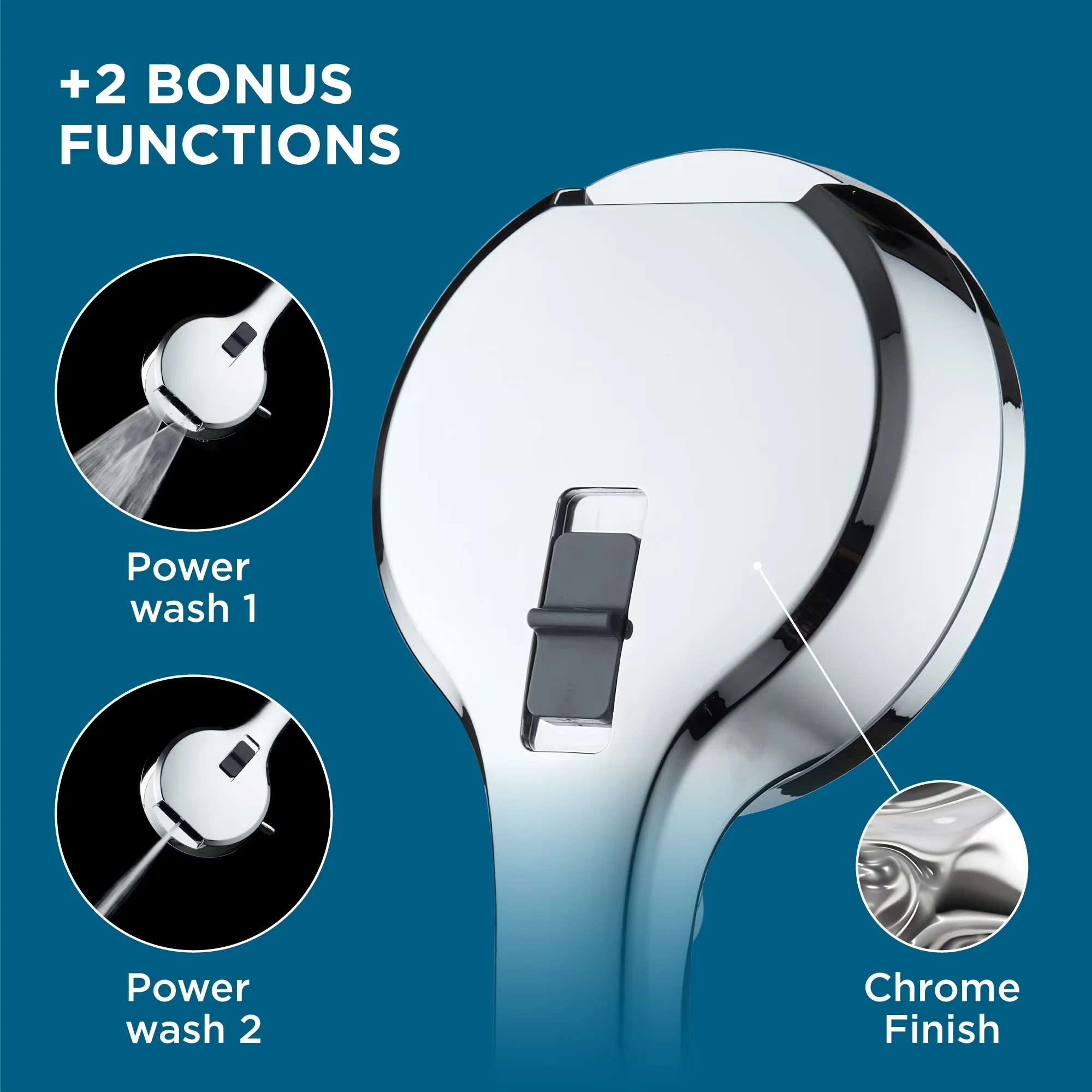 Shower Head Compact with Self-Cleaning Nozzles, Adjustable Flow Rate - Acrylonitrile Butadiene Styrene / Stainless Steel Silver Model 102C19