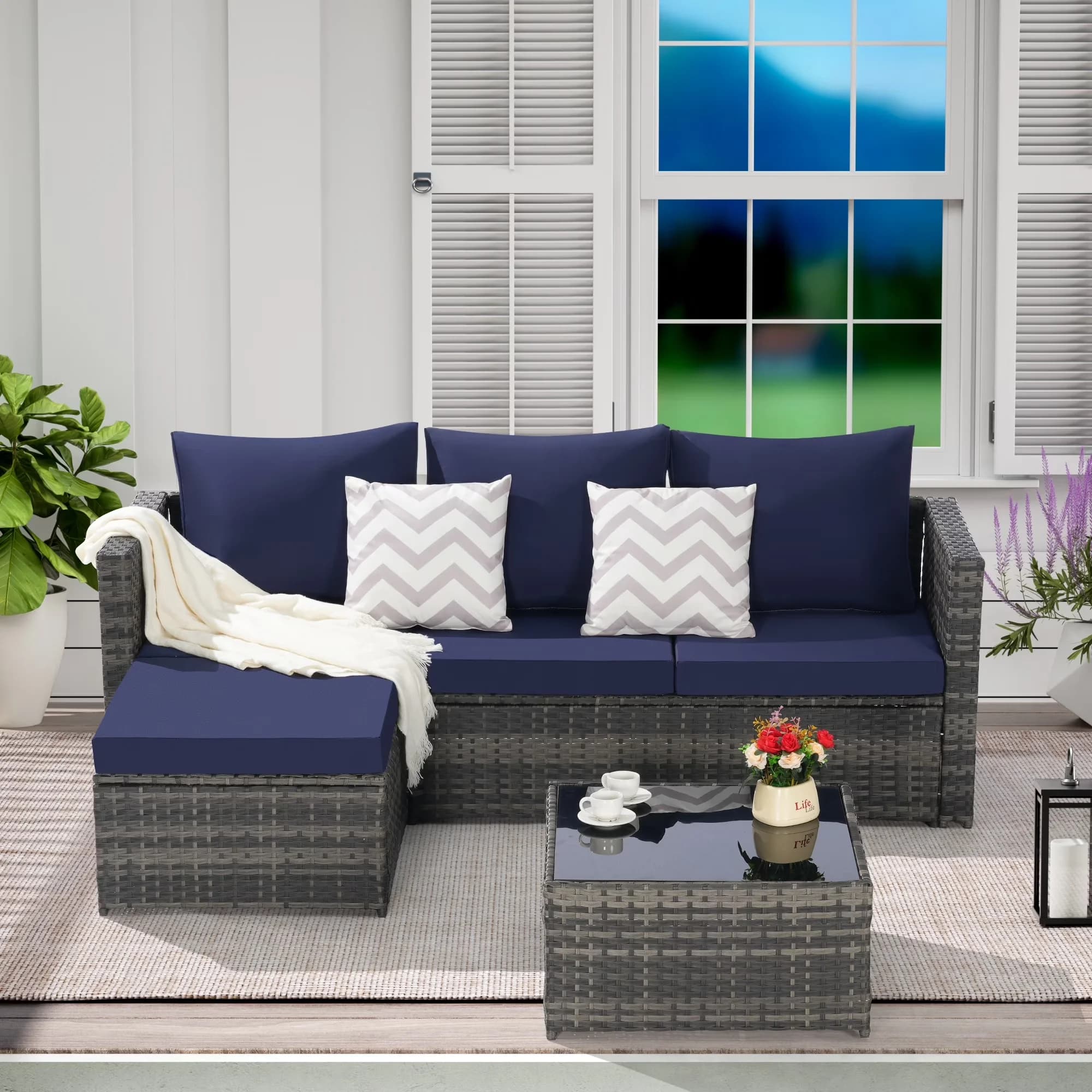 Patio Conversation Set Professional with 3 Pieces Outdoor, Furniture Sets, Ottoman And Glass Table - Blue Polyethylene Rattan,... Model DD6011