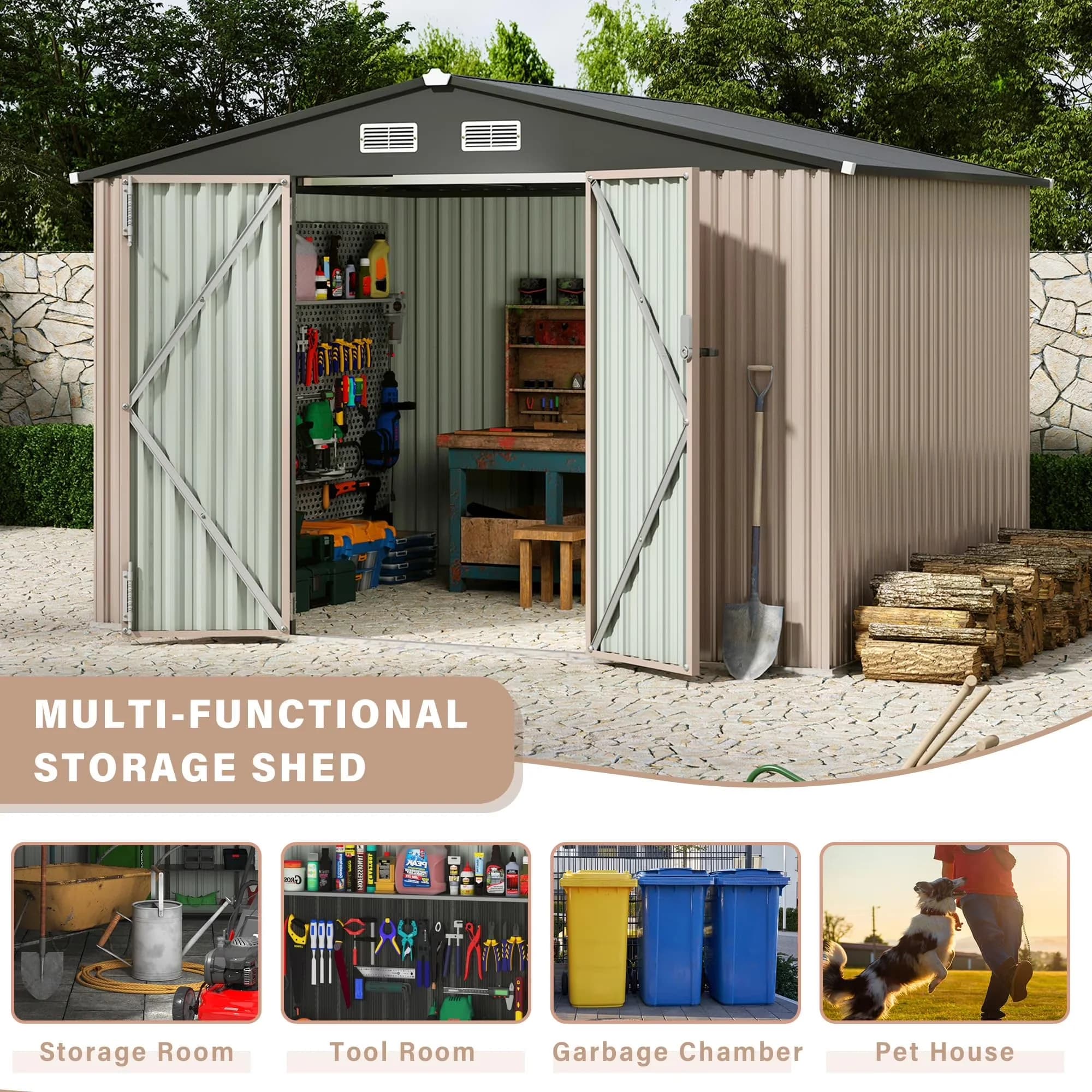 Essential Shed with Lockable Door, Outdoor Storage, Slooping Roof - Metal Brown for Garden, Patio Model EB562D