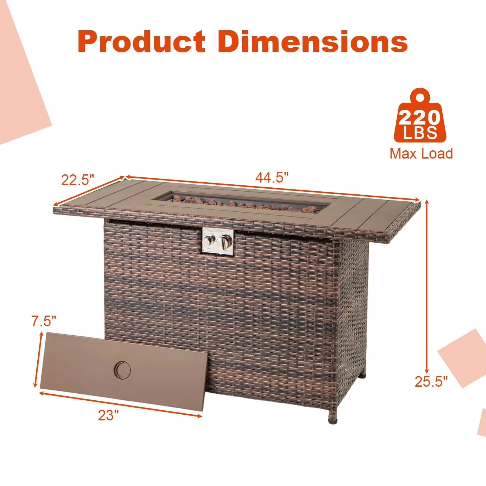 Outdoor Heating Reliable with Adjustable Flame, 44.5" Propane Fire Pit Table - Brown Pe Rattan, Metal, Stainless Steel Model E405A5
