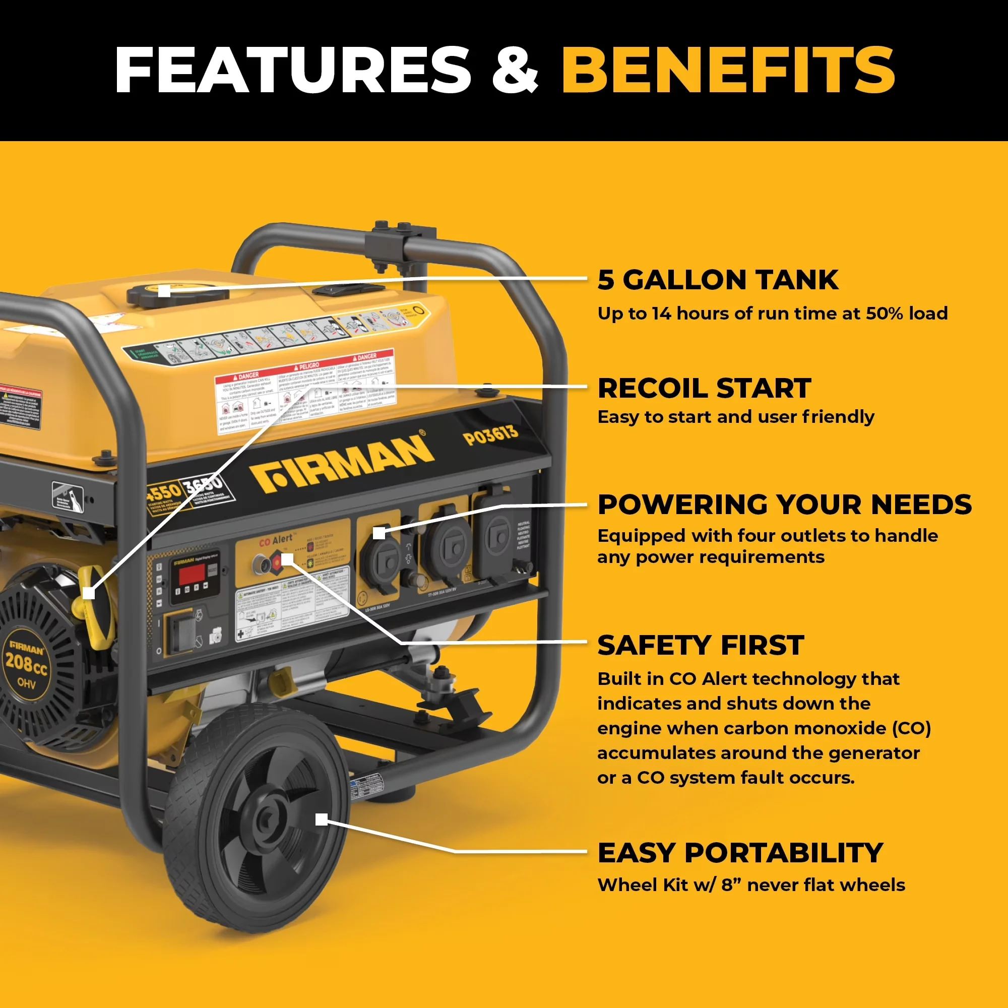 Generator Efficient with 3650W, 120V, CO Alert - P03613 - Industrial Grade Model F79CF2