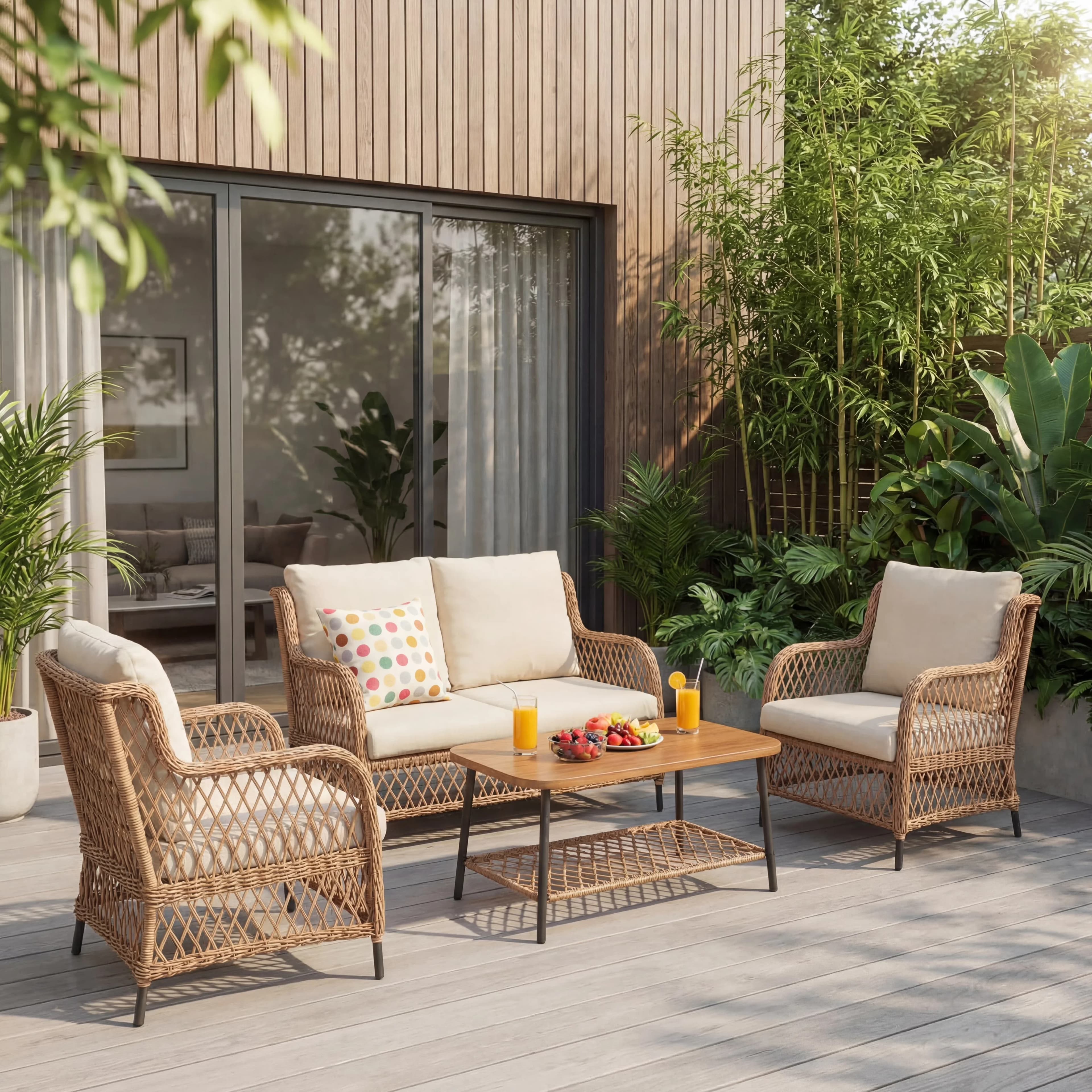 Stylish Patio Conversation Set with Weatherproof, 2 Chairs and Table - Pe Wicker, Olefin, Metal Brown Model 6B446A