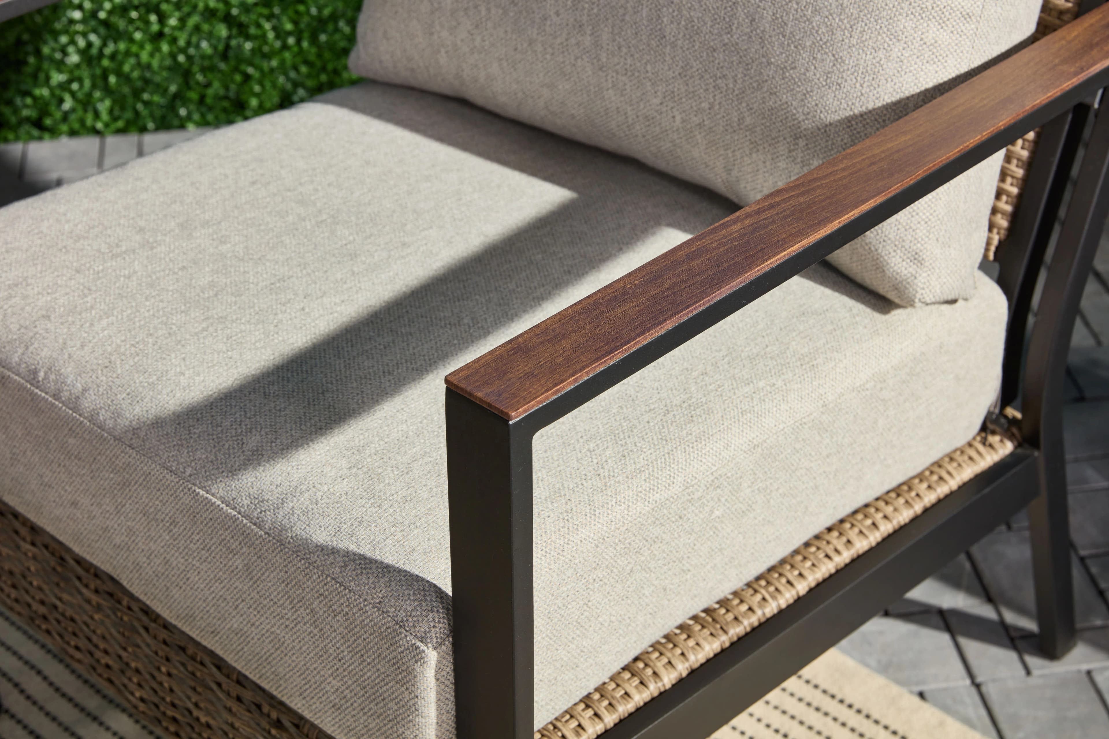 Reliable Patio Conversation Set with Weatherproof, Hennepin Furniture 4 Piece Steel, Beige Cushions - Beige Steel,Wicker,Faux Wood Model A9A733