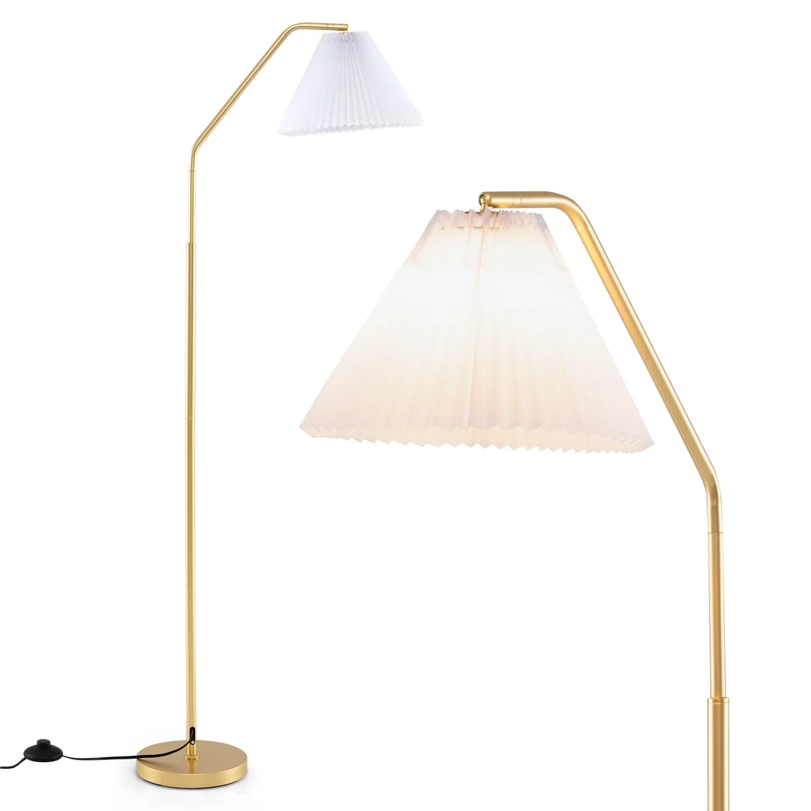 Compact Floor Lamp with Arc, Pleated Lampshade & Foot Switch, Adjustable Head - White Metal, Pvc, Polyester Fabric Model 7315E4
