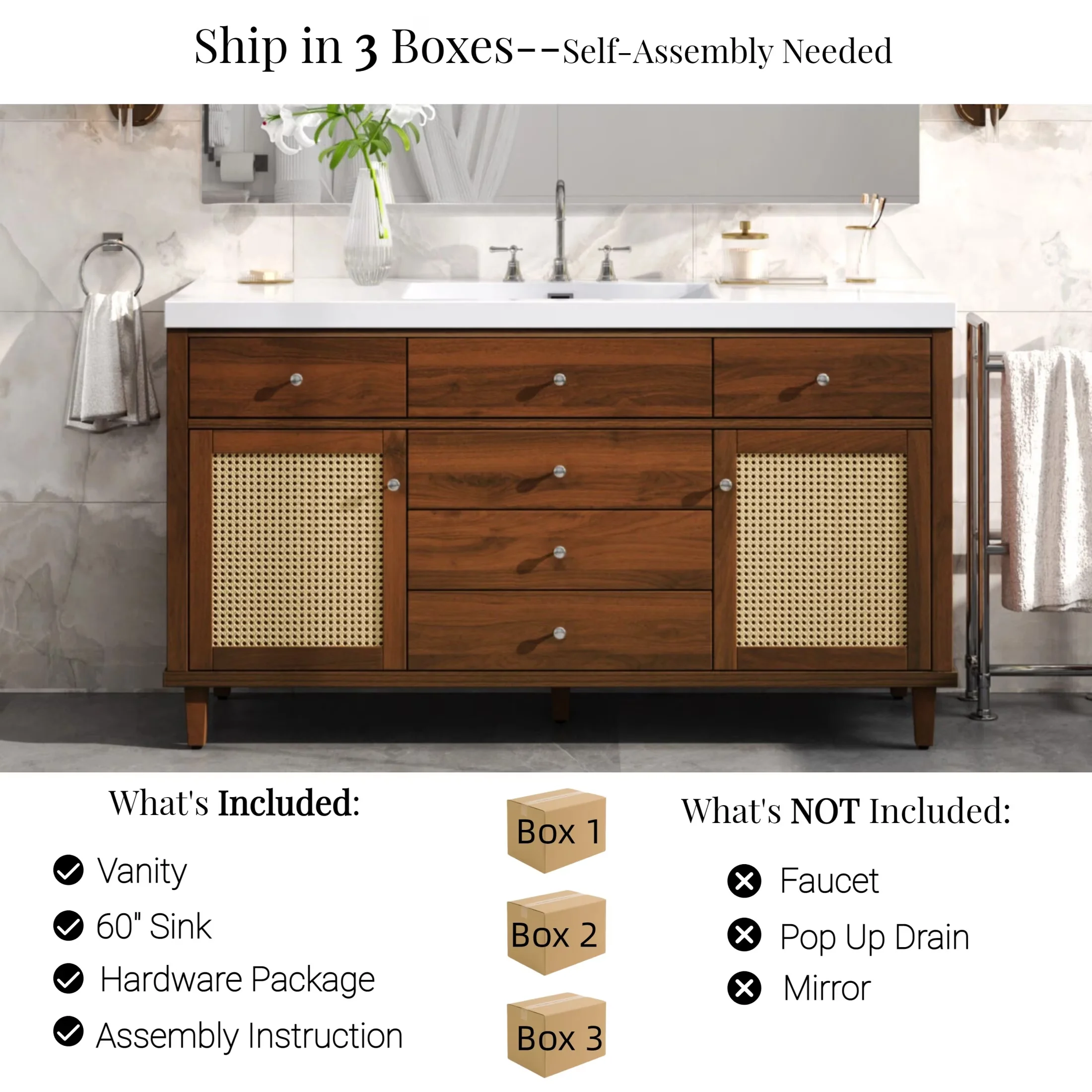 Bathroom Renovation Compact with Storage Cabinet and Drawers, Material: Solid Wood + MDF - Model 096775