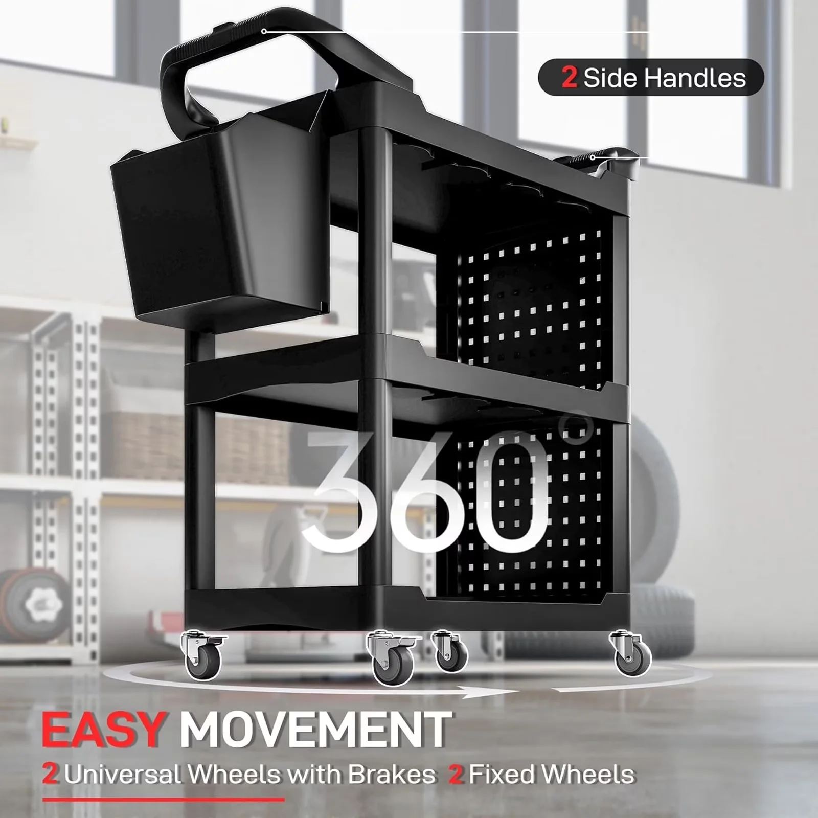 Efficient Toolstorage with Heavy Duty Rolling Tool Utility Cart, Wheels, Bucket Panel and Hanging Boards - Plastic Black Model A6385A