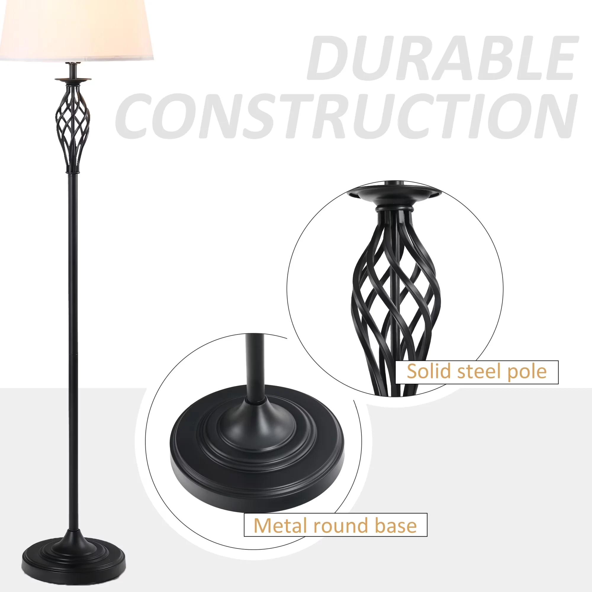 Classic Lamp Set with Round Base, Metal Pole, 3 Piece Table Floor - Black Metal Model 28B153