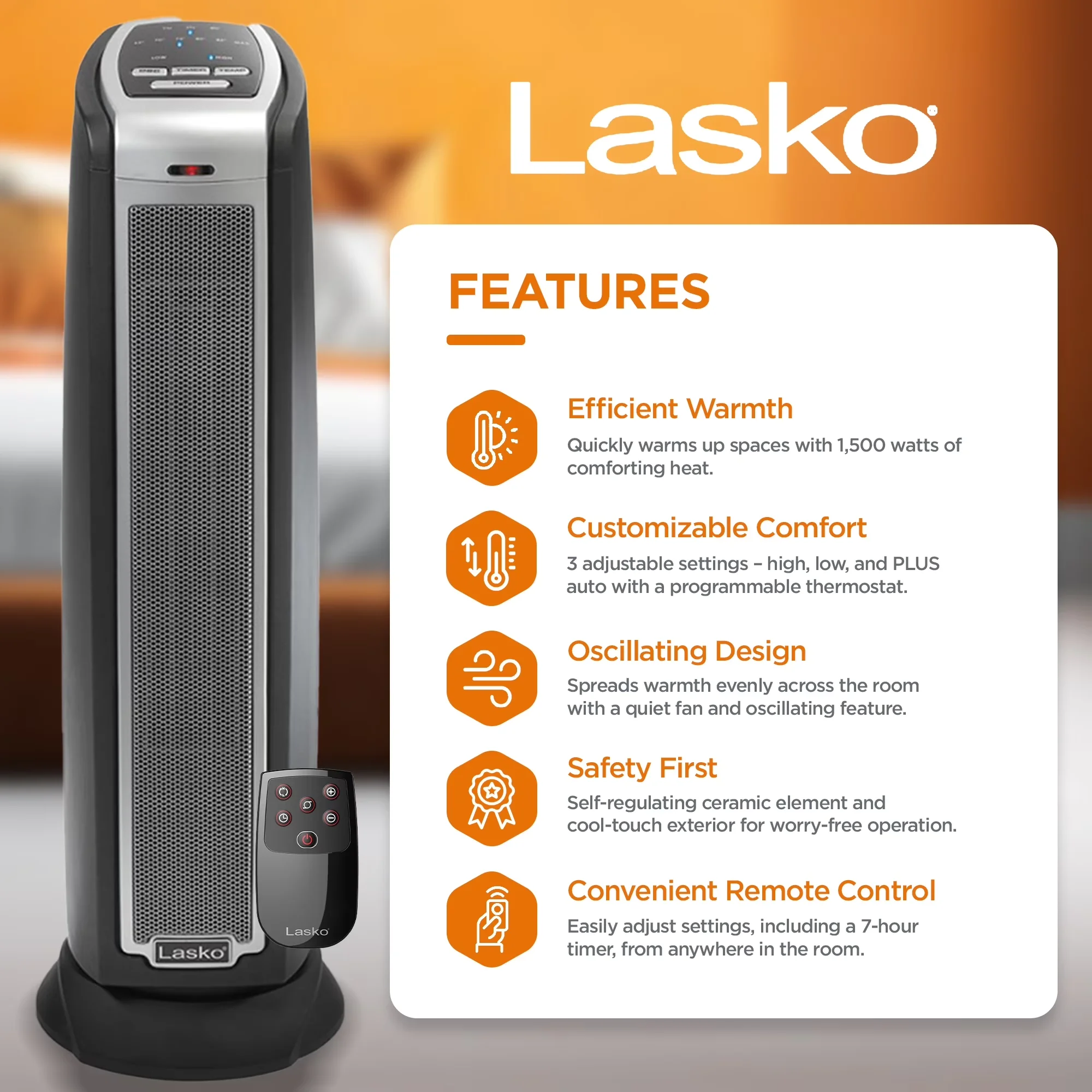 Portable And Electric Space Heater Reliable with 1500W, Oscillating, 1500W Oscillating Ceramic Tower - Model 6C8D63