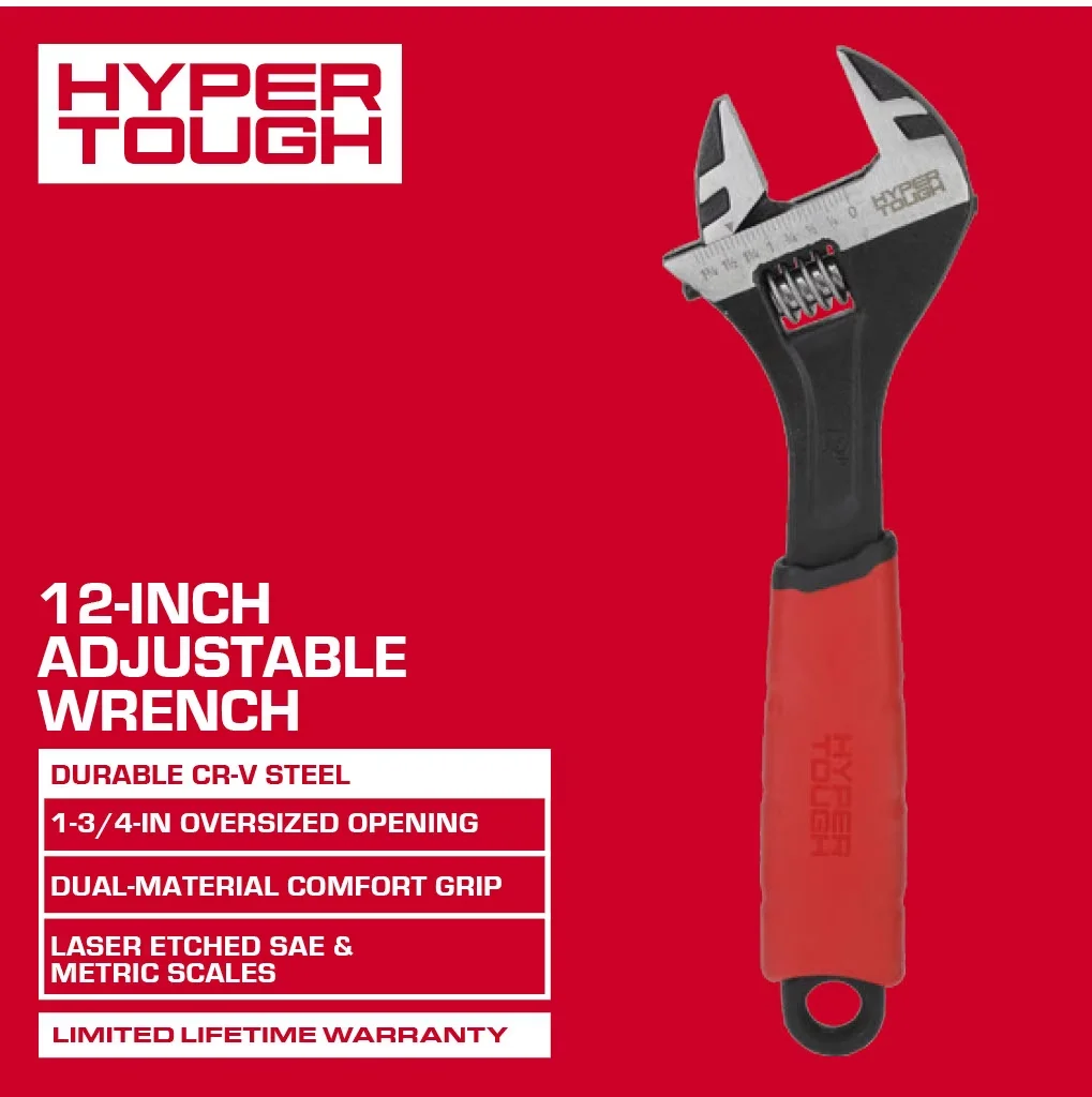 Hand Tool Quality with Adjustable, 12-inch Wide Jaw Adjustable Wrench, Dual Material Comfort Grips - Red 12-INCH Model CC6329
