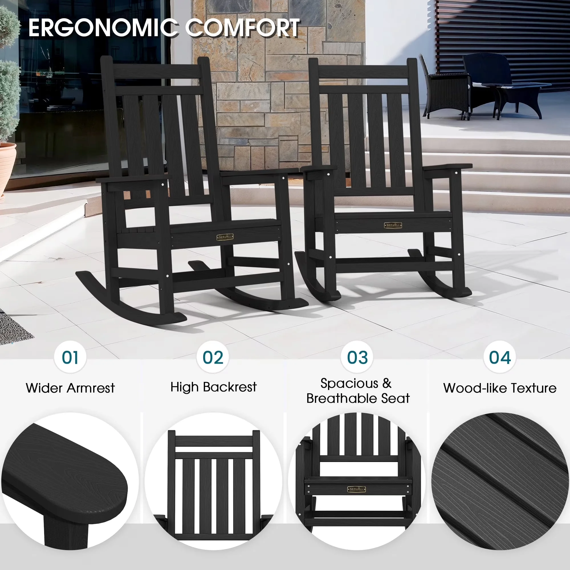 Innovative Patio Chair with Waterproof, Uv Resistant, Oversized Outdoor Rocking Set of 2 - Black Hdpe Model 0D1060