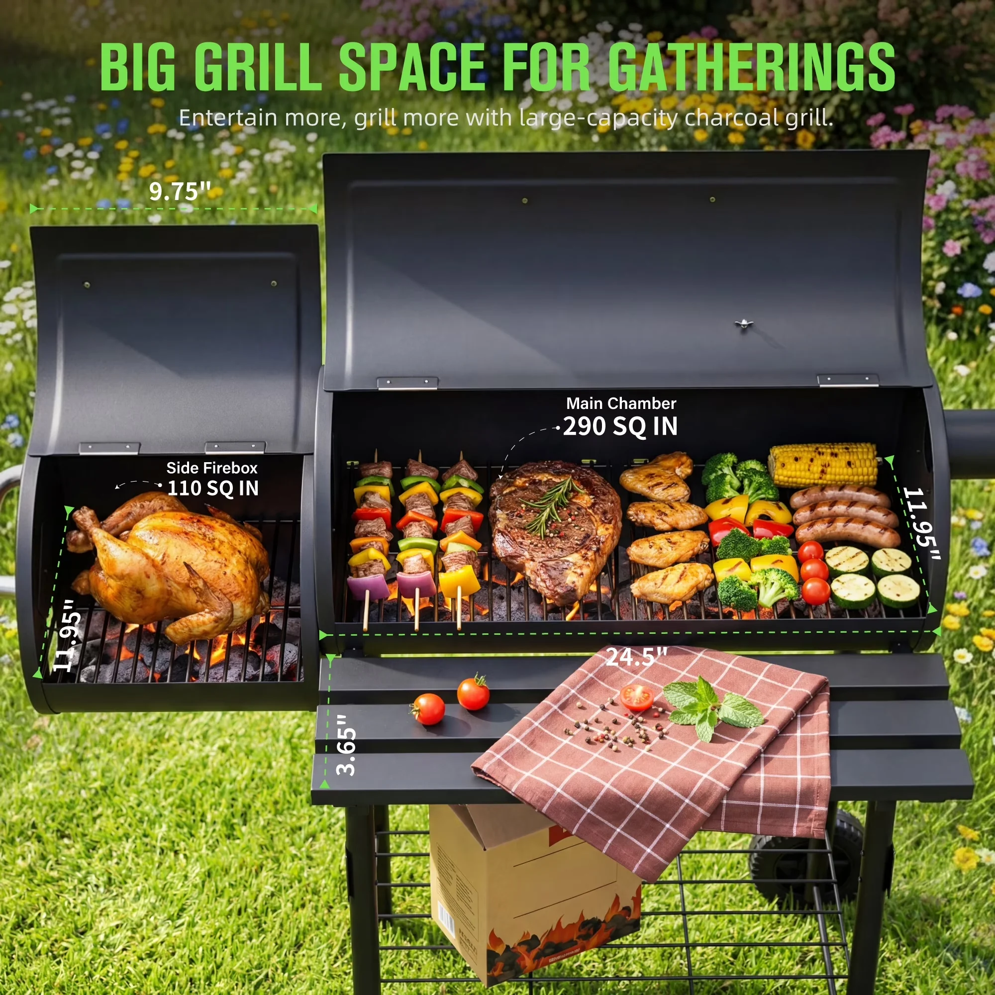 Durable Smoker with Storage Rack, Adjustable Air Vents, Offset Fire Box - Black Steel Model 44722B