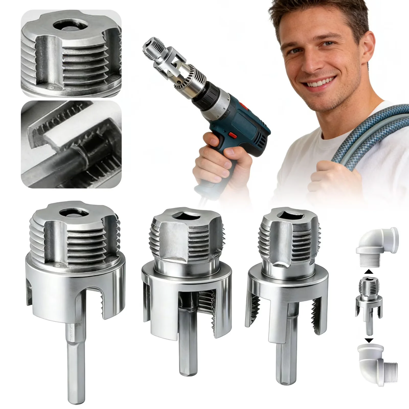 Reliable Hand Tool Set with Internal&External PVC Pipe Thread Cutter, 3Pcs Dual-Function Pipe Threading Kit - Stainless Steel 3 PCS Model 246AFE