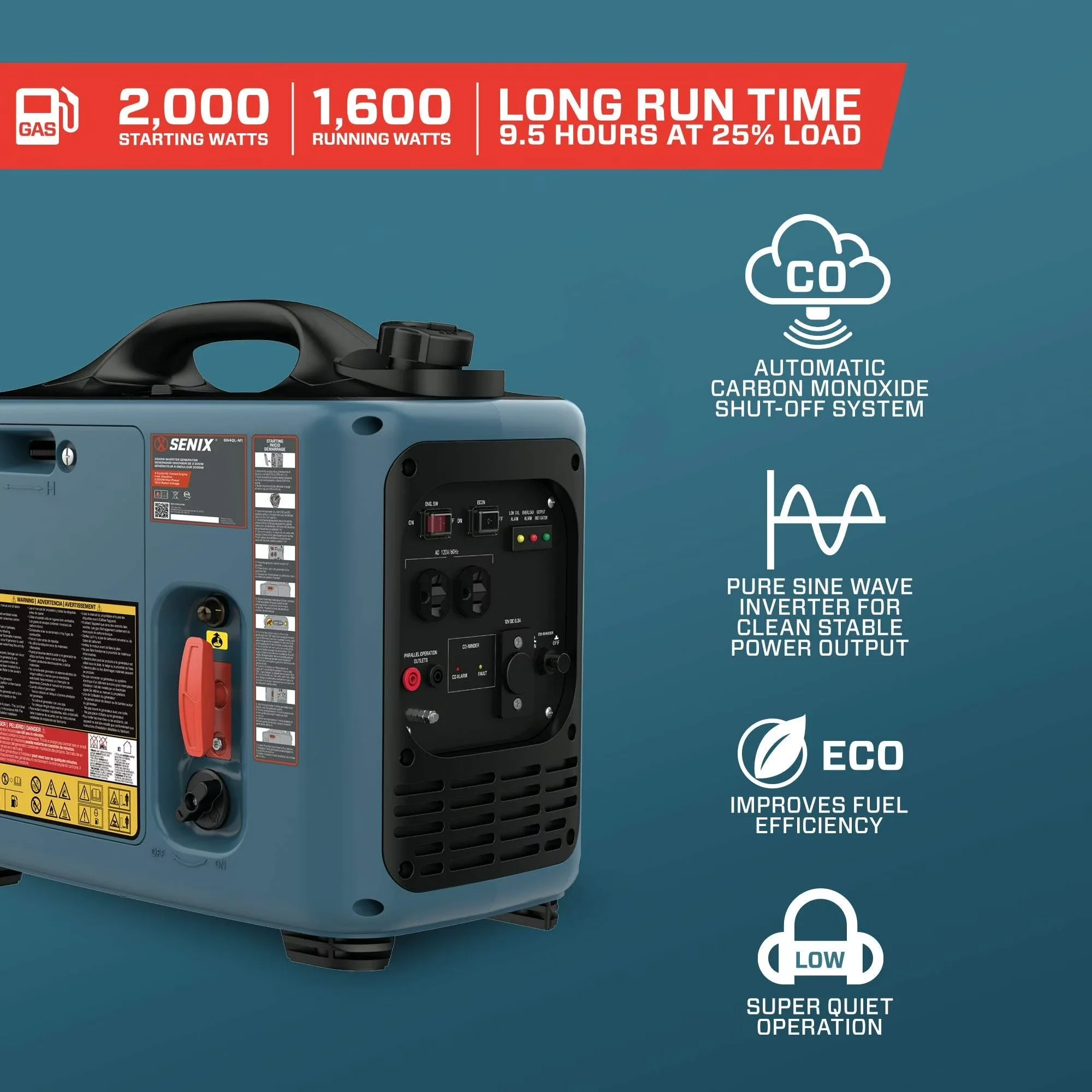 Modern Generator with 2000W, Co Shut-Off, Running Watts: 1600W - Long-Lasting Performance Model C31695