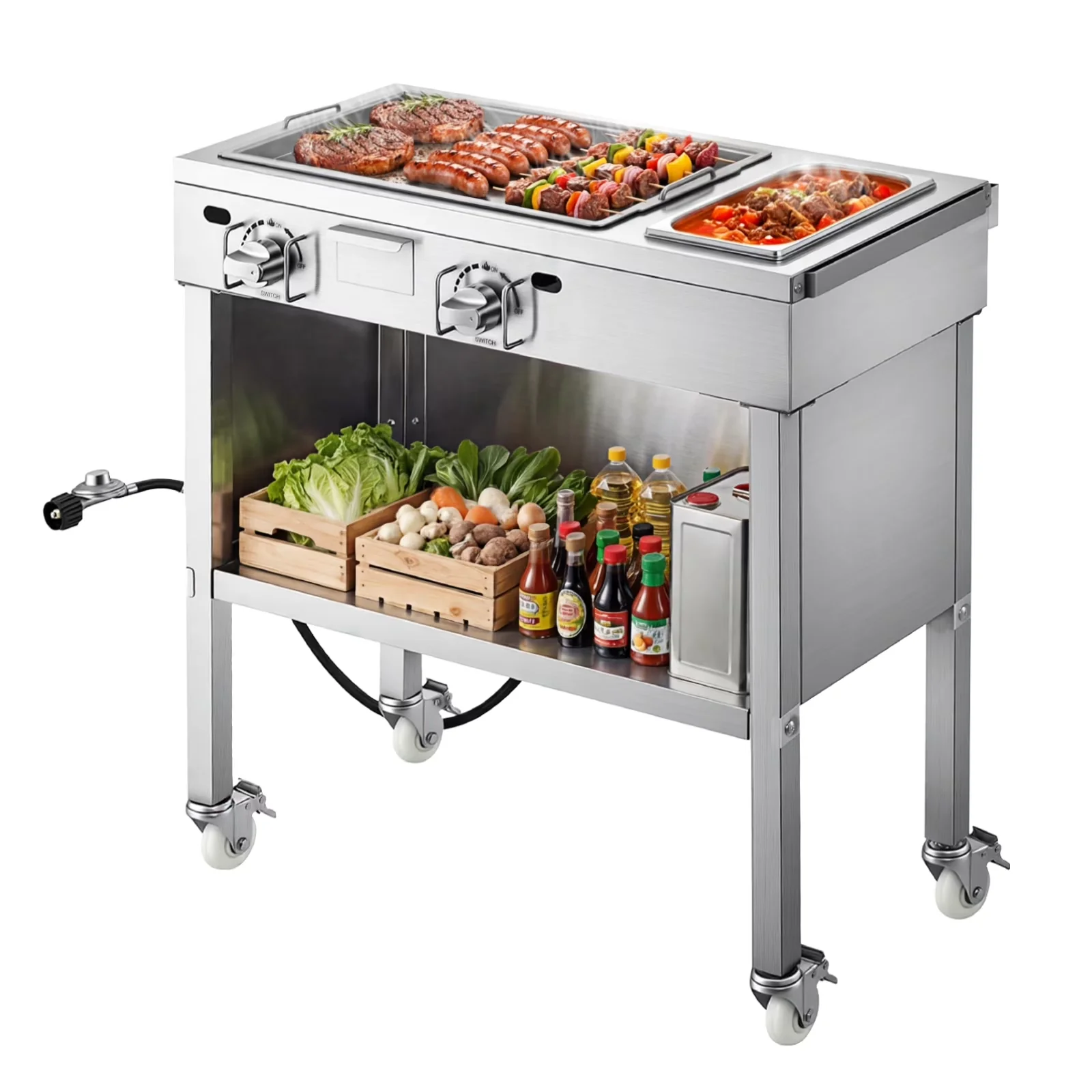 Innovative Flat Top Grill with 11600 BTU, Rust Resistant, 4 Lockable Wheels - Silver Stainless Steel Model EA3F9D