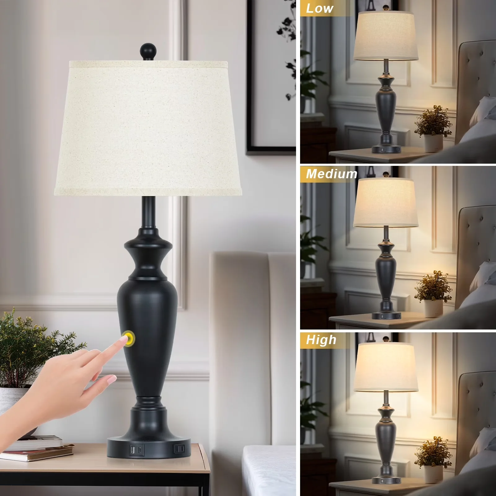 Classic Table Lamp with LED, Touch Sensor - Black Metal for Living Room, Bedroom Model 8D6052