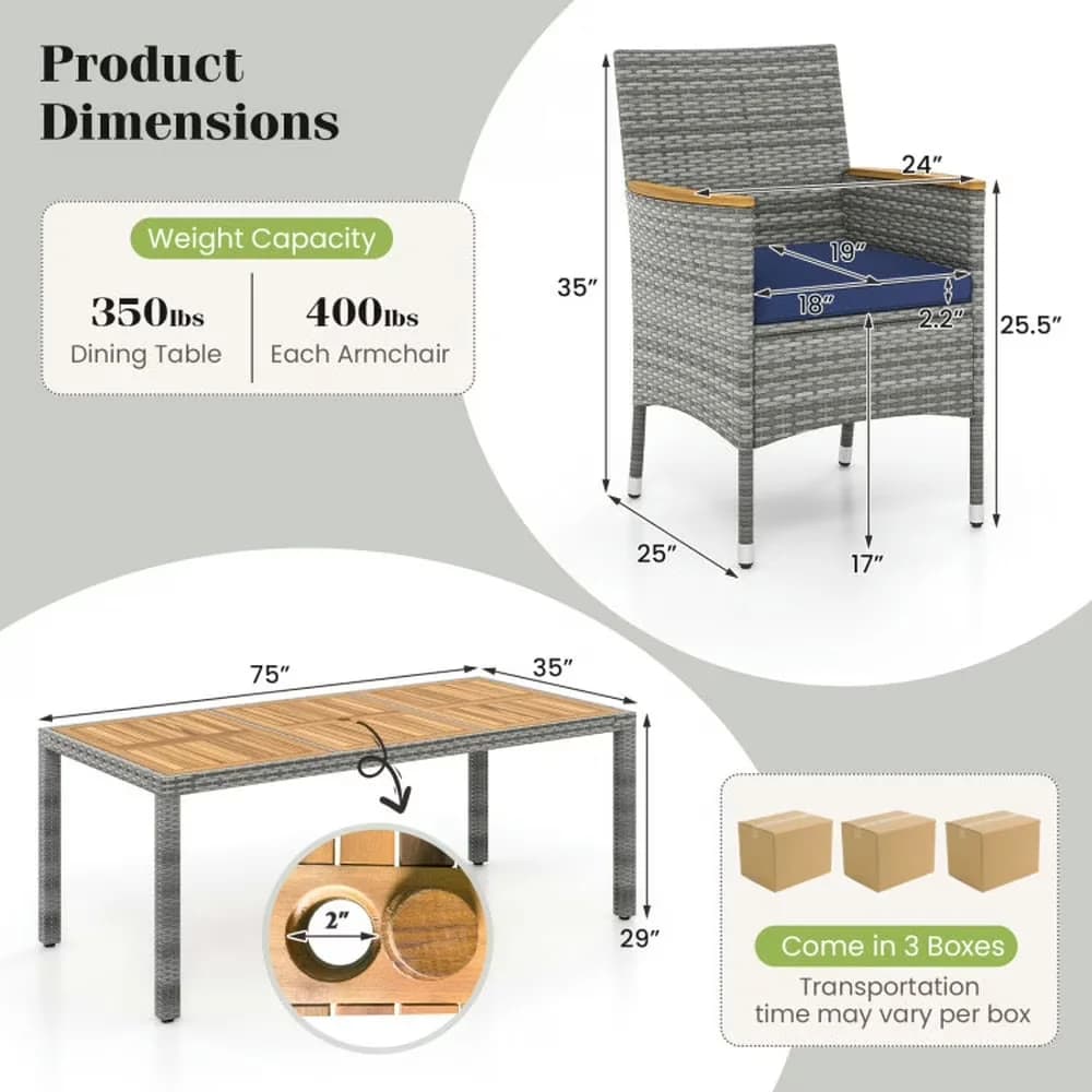 Durable Patio Dining Set with 9 Pieces PE Wicker, Color of PE Rattan:Mix Gray - Navy Pe Rattan, Acacia Wood, Metal, Polyester, Sponge... Model 517D46