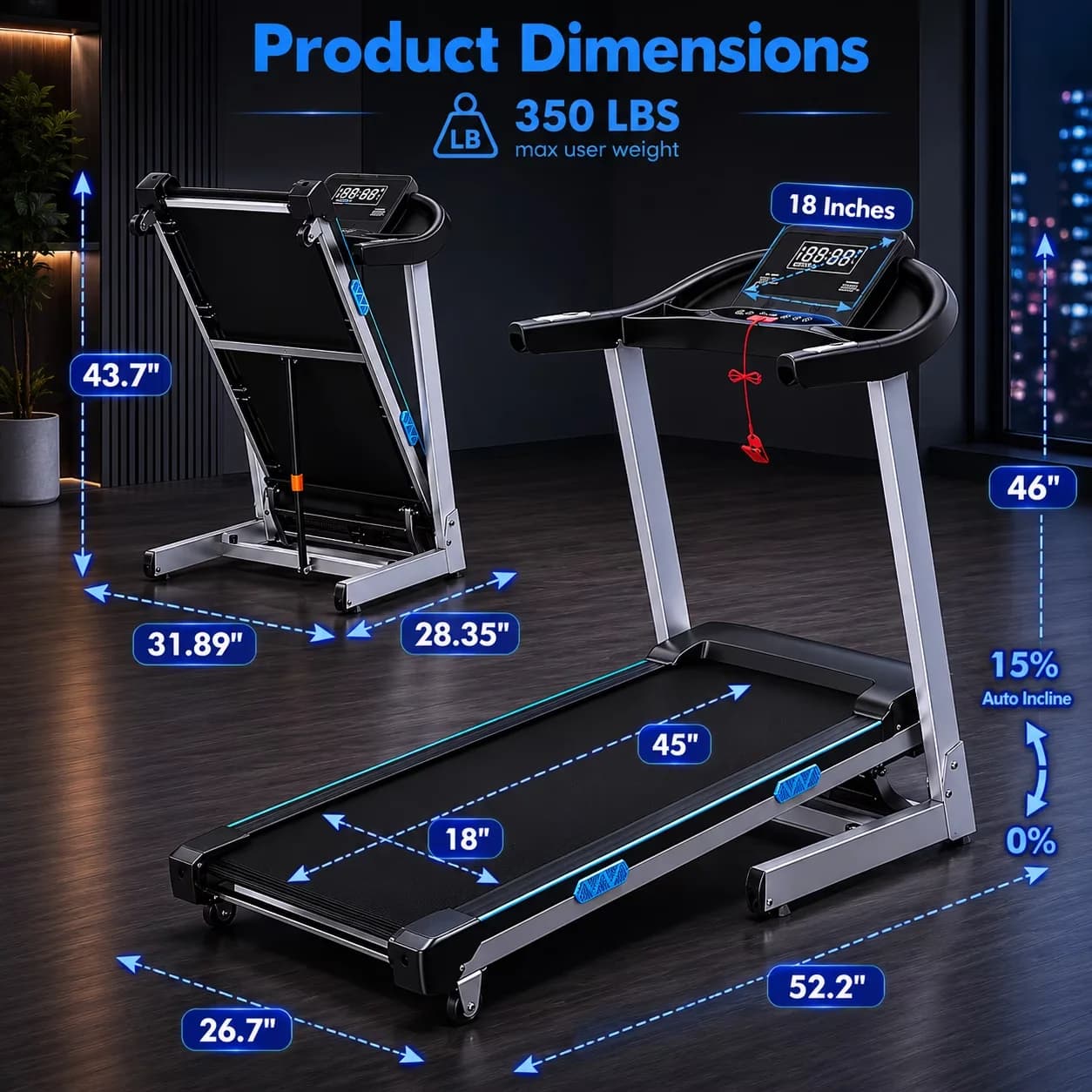 Home Gym Modern with 15% Auto Incline, 400lbs Capacity, Folding Treadmill - Black Steel Model 2B919F
