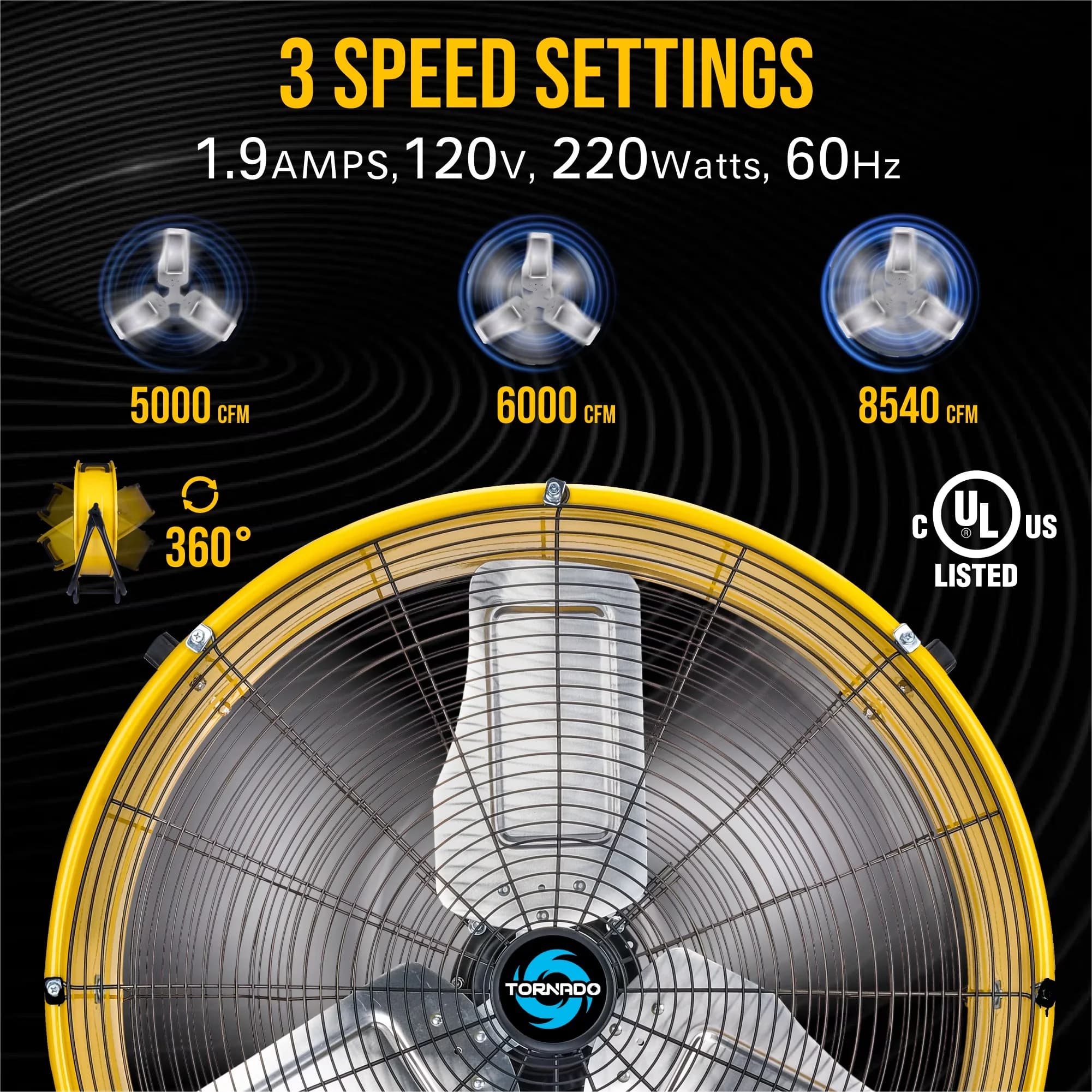 Quality Fans In Cooling with Tilt Mechanism, 3 Speed Air Circulator Fan - Steel Yellow Model BECD66