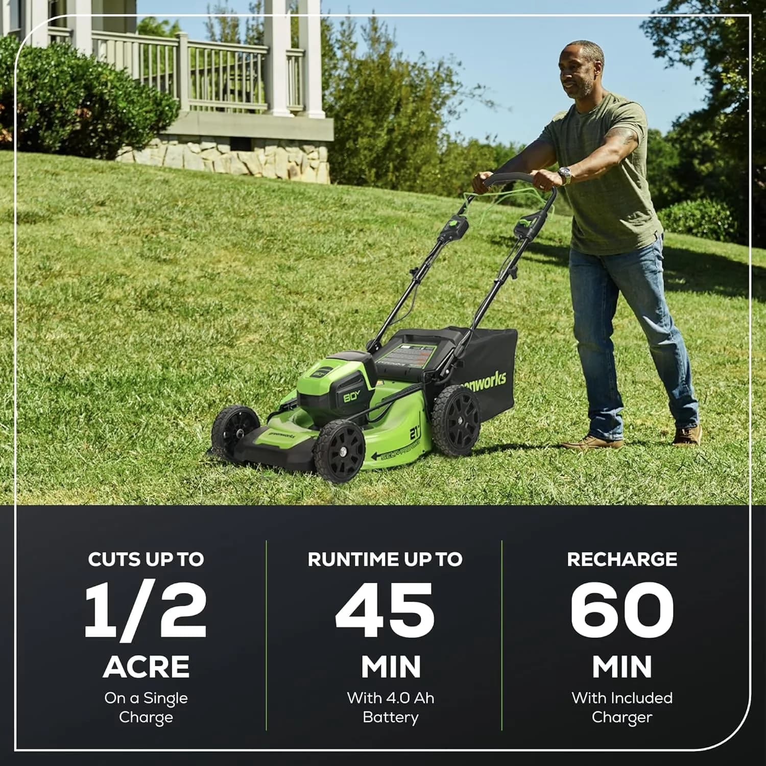 Push Mower Modern with Battery, 80V, 4Ah Battery Included - Green - Rustic Charm Model 1F0ACC
