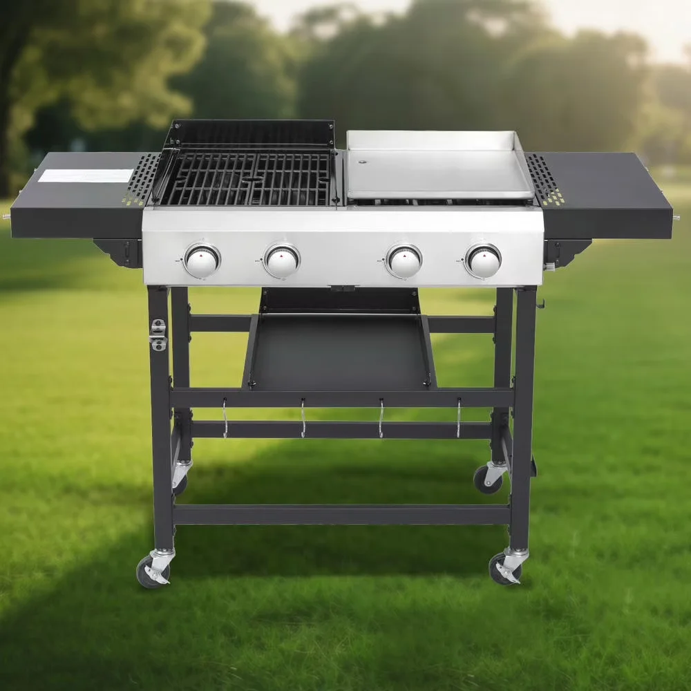 Gas Grill Innovative with Portable, 2+2 - Silver Metal for Outdoor, Camping Model 80B30A