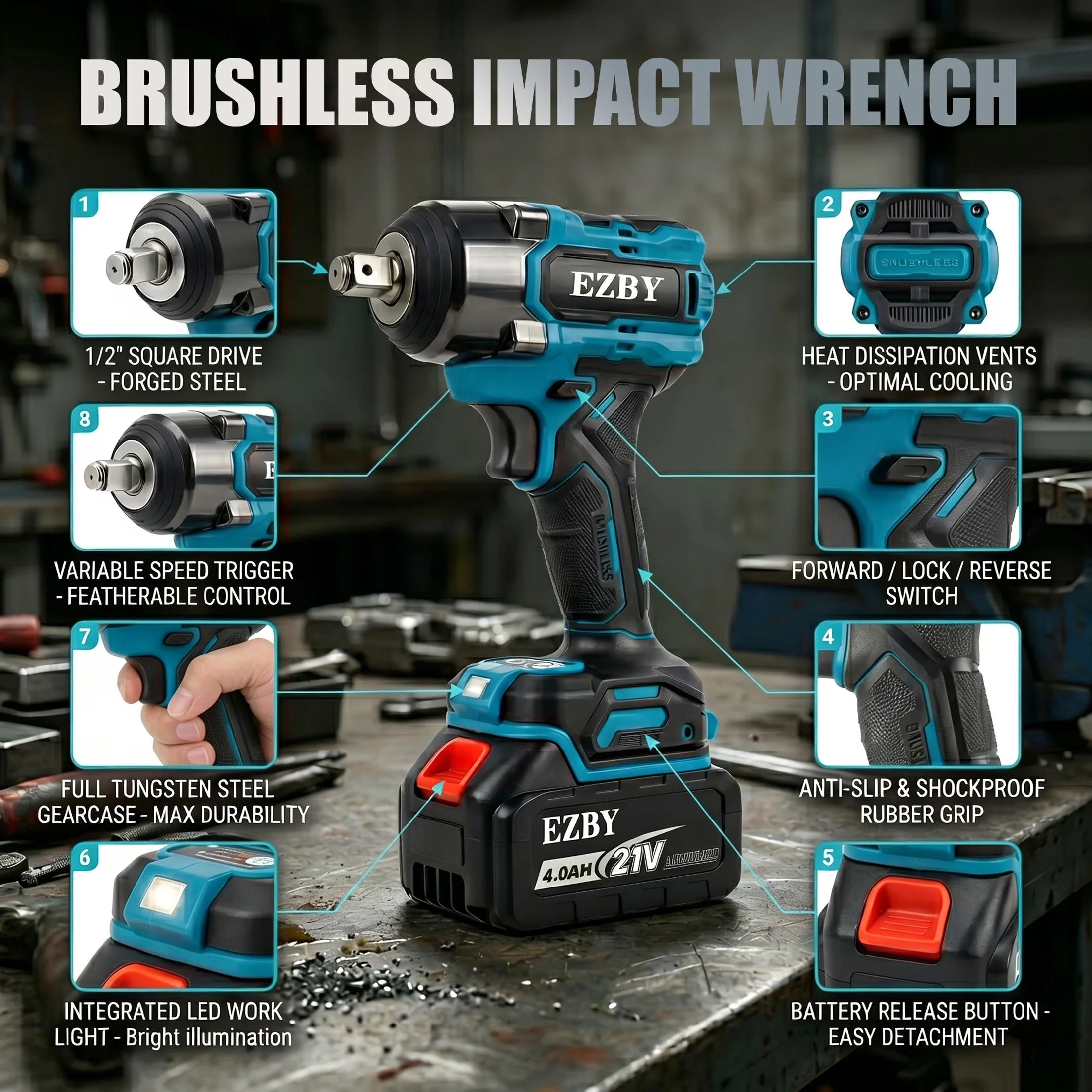 Air Tools Compressor Premium with Battery, 21V, Cordless Impact Wrench Kit - Blue Model 1FE287