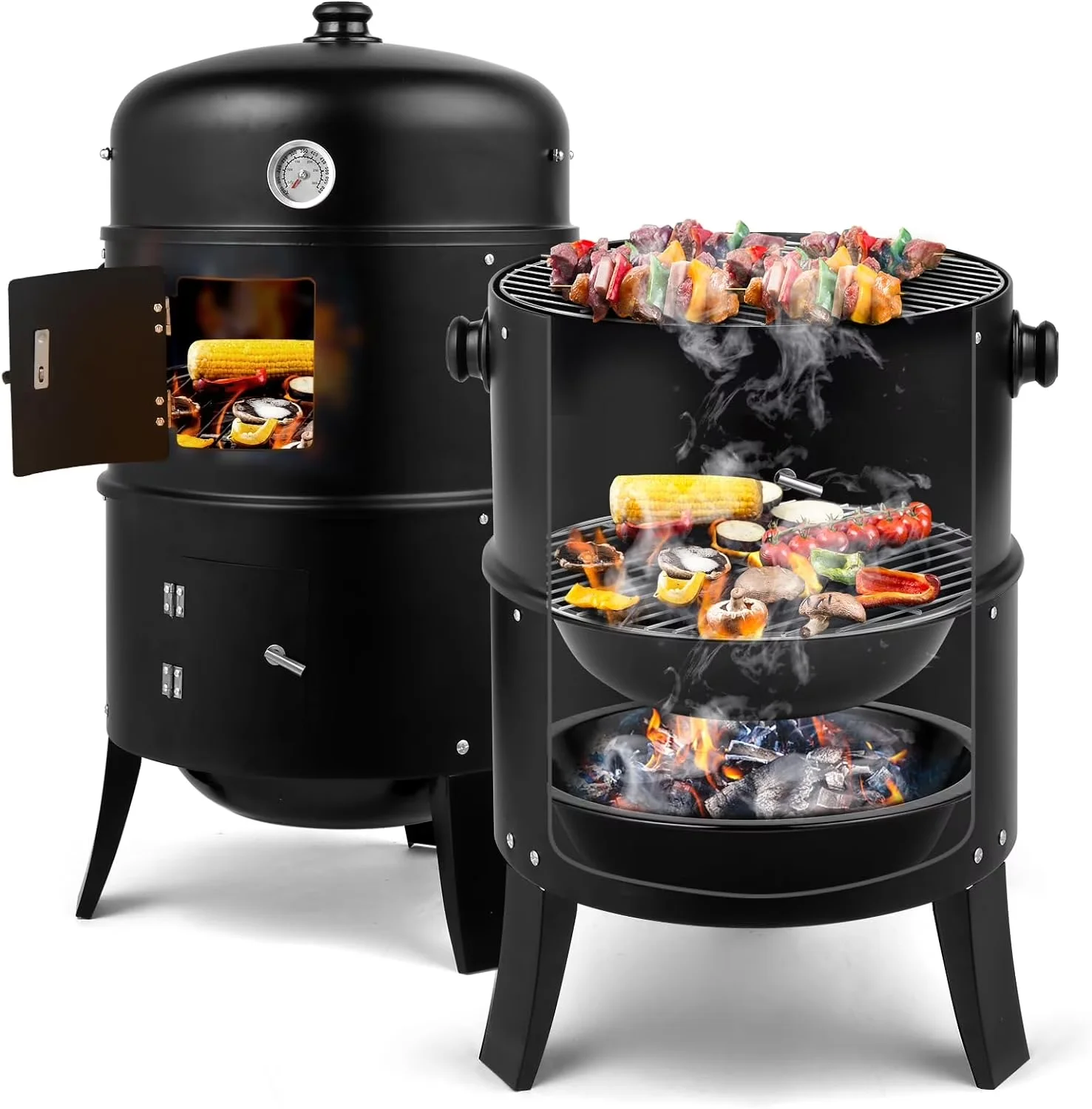 Quality Smoker with Thermometer, Charcoal Multi-Layer Vertical - Charcoal Model 7EB628