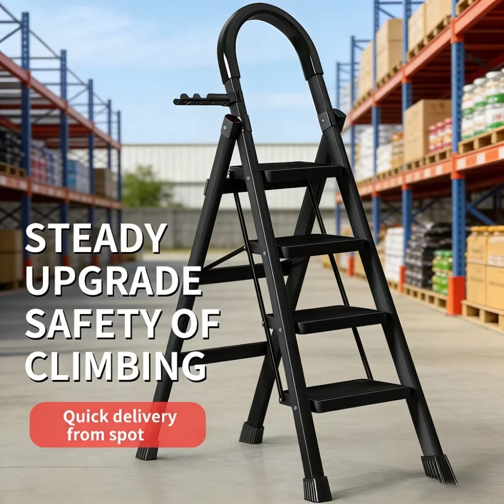 Versatile Building Material with foldable design, lightweight and portable, 4-step black ladder - Iron Black Model E27C77
