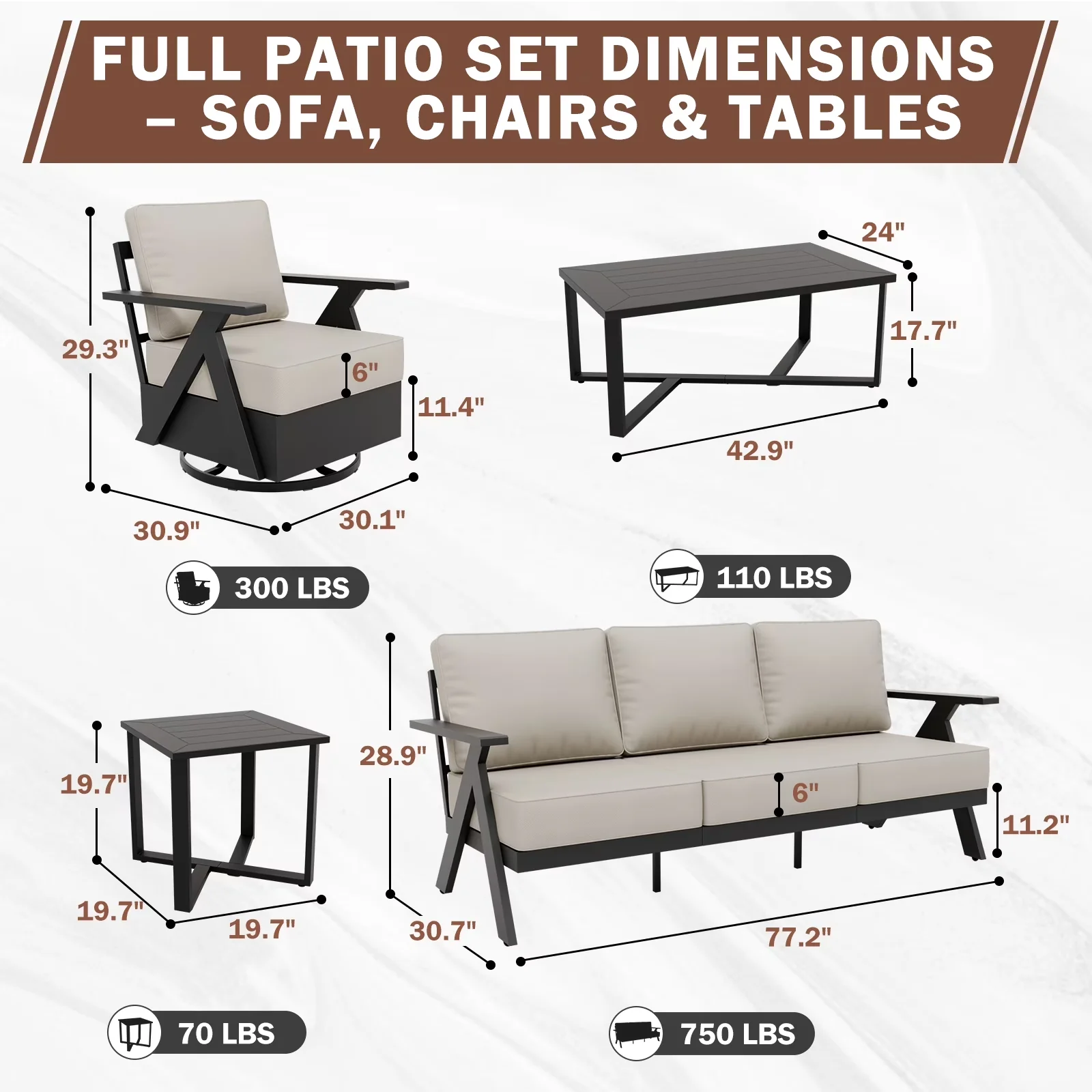 Patio Conversation Set Essential with 4 Swivel Chairs, Couch - Black/Beige Steel;Aluminum Model 0D43E9